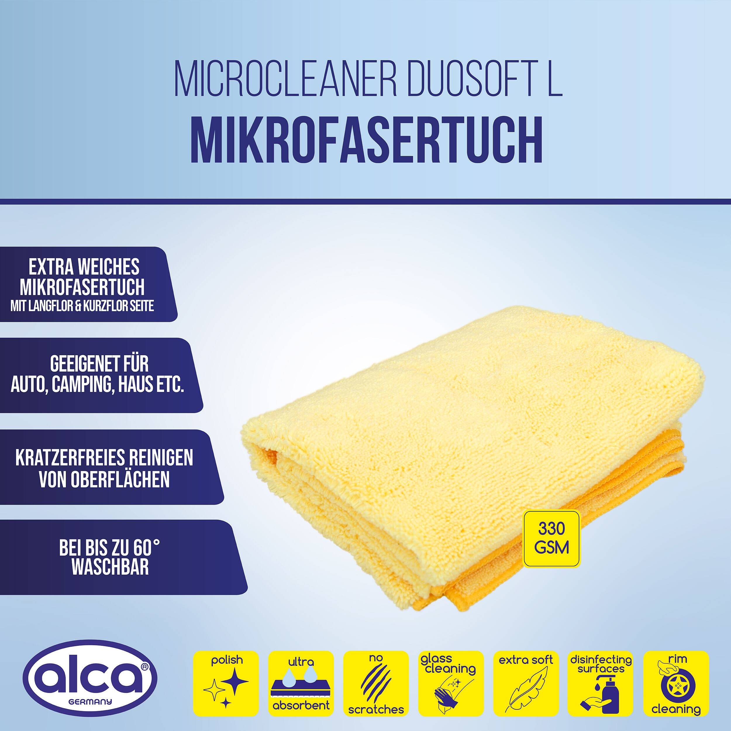Alca Mikrofasertuch-Verpackung zeigt ein weiches Reinigungstuch für Auto, Camping und Heimgebrauch; maschinenwashbar bis 60°C, 330 GSM.