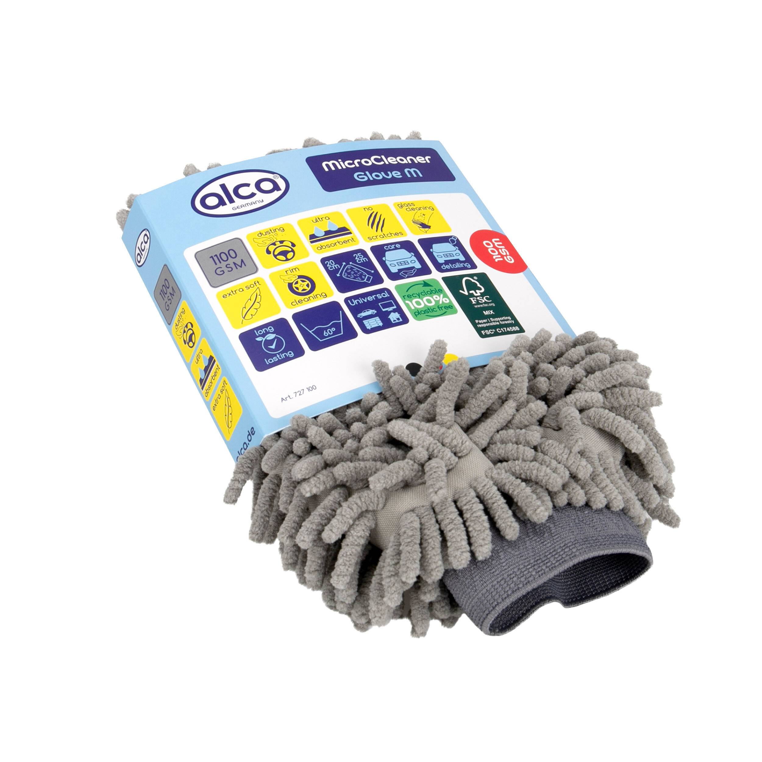 Alco MicroClean Handschuh m Abstaubhandschuh, gezeigt mit Verpackung, ein grauer Chenille-Reinigungshandschuh zum Abstauben und Polieren.