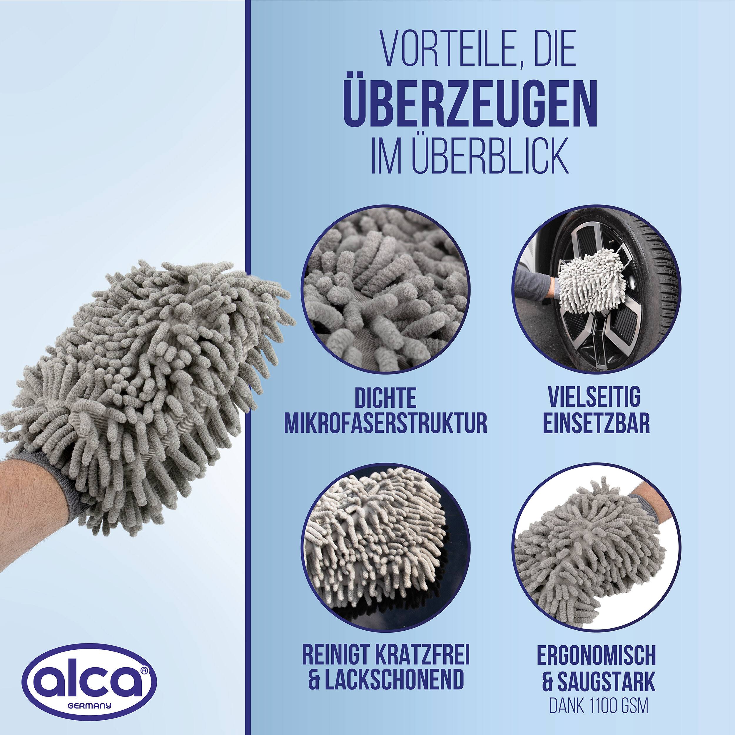 alca® Auto-Waschhandschuh aus Chenille, 25x20 cm, 1100 GSM aus Mikrofaser für Autowäsche & Detailing,