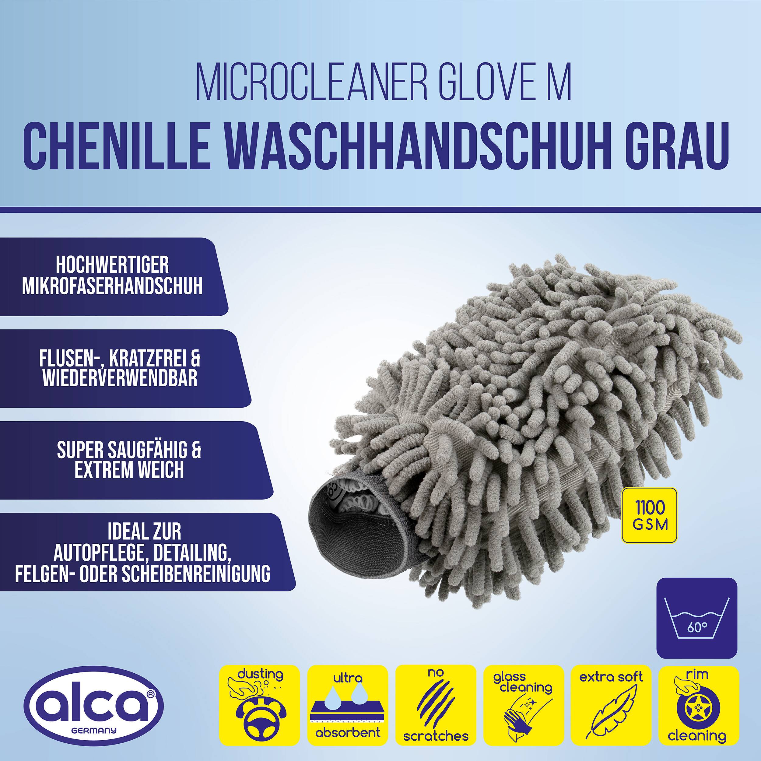 Mikrofaser-Chenille-Handschuh-Waschmitt in Grau, mit deutschem Text, das kratzerfreie, wiederverwendbare, hochabsorbierende und ideal für Autodetaillierung und Felgenreinigung hervorhebt.