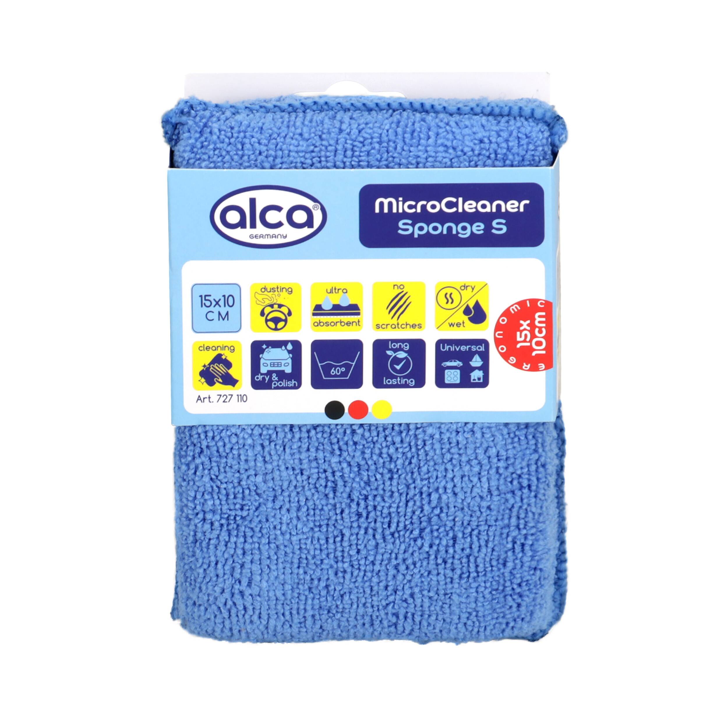 Blaue Alca MicroCleaner Sponge S Reinigungsschwamm Packung mit blauem Mikrofaser-Schwamm und Produktgröße 15 x 10 cm auf dem Etikett angegeben.