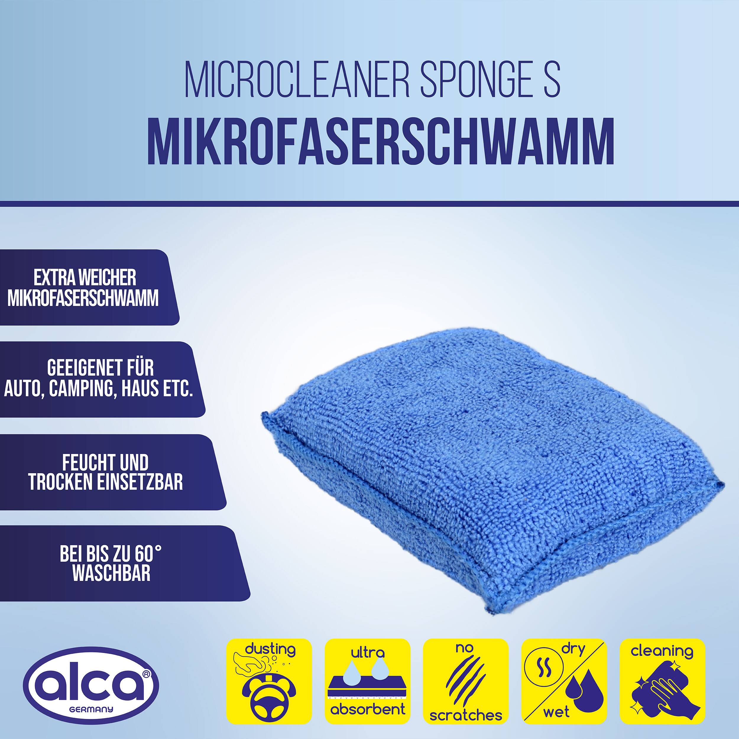 Blauer Mikrofaser-Reinigungsschwamm mit der Bezeichnung 'Microcleaner Sponge S / Mikrofaserschwamm', mit Symbolen, die extra weich, geeignet für Auto/Camping/Haus, nass oder trocken einsetzbar, waschbar bei 60°C zeigen.