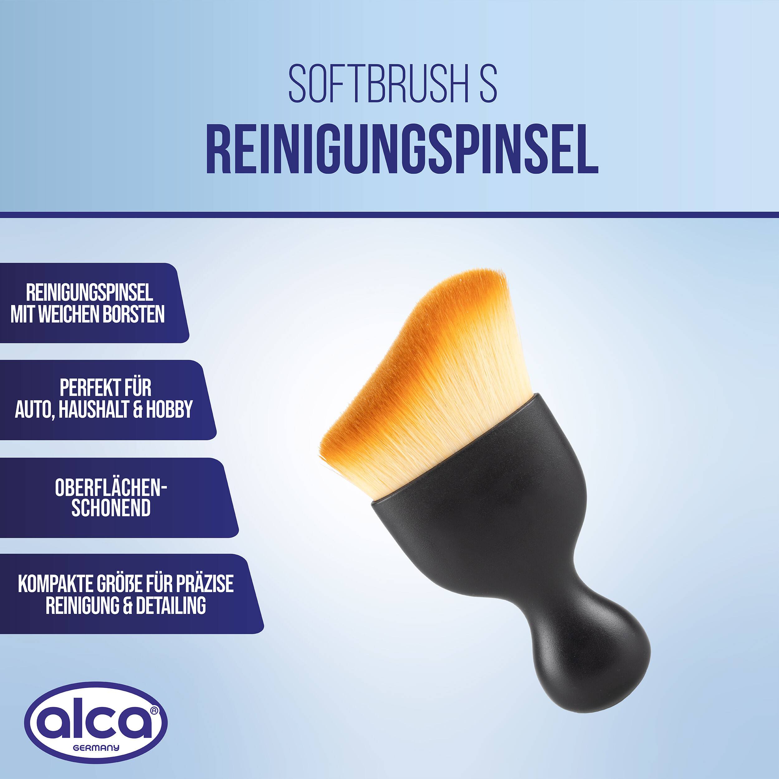 Marketinggrafik eines Weichborstenreinigungsbürstchens mit orangefarbenen Borsten und schwarzem Griff, beschriftet mit „REINIGUNGSPINSEL