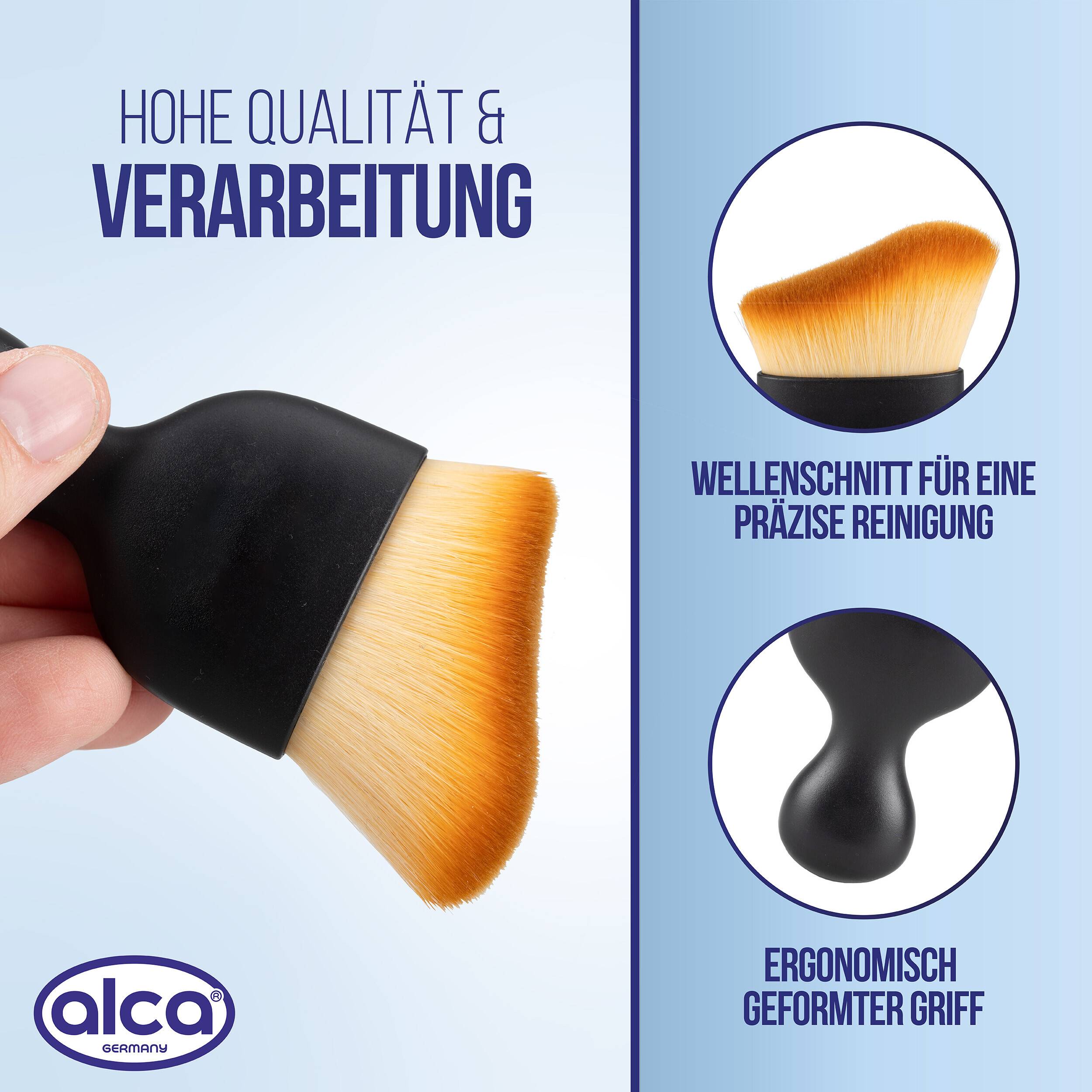 Werbebild eines schwarzen Makeup-Pinsels mit orangefarbigen Borsten, das „hohe Qualität und Verarbeitung