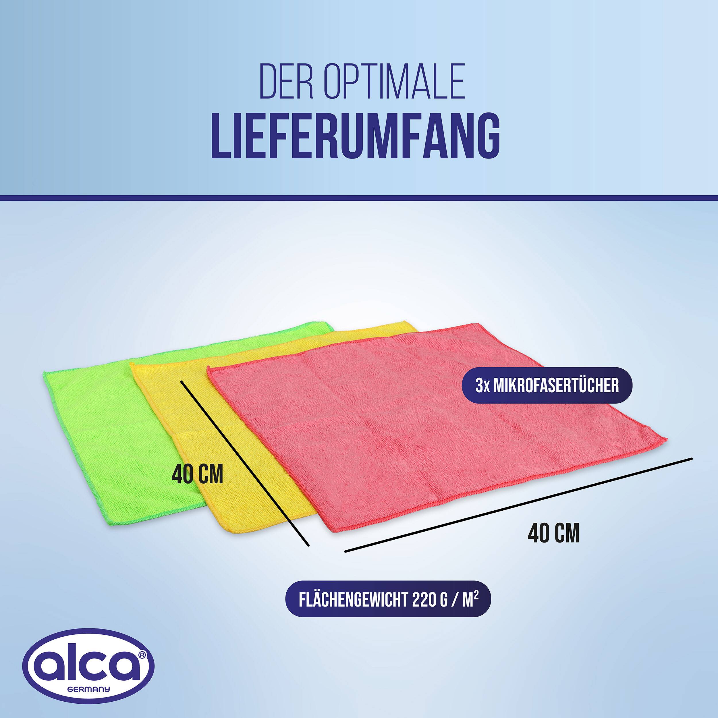 Werbegrafik mit den optimalen Paketinhalten: 3 Mikrofasertücher, je 40 cm x 40 cm, mit Flächengewicht 220 g/m².