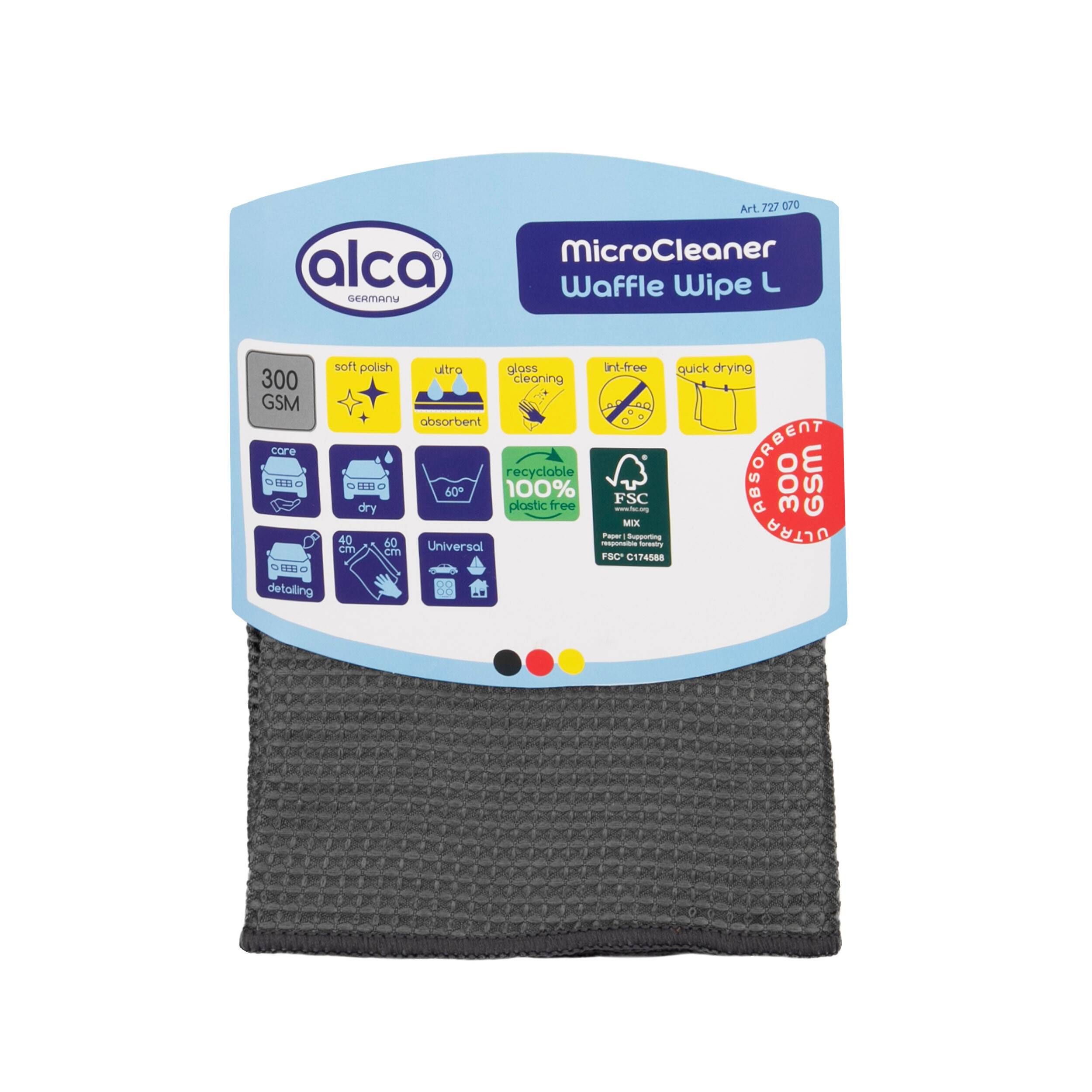 Packung alca 'MicroCleaner Waffle Wipe L', ein dunkelgraues Reinigungstuch mit Waffeltextur, gekennzeichnet mit 300 GSM, saugfähig, fusselfreih, schnelltrocknend und wiederverwendbar.