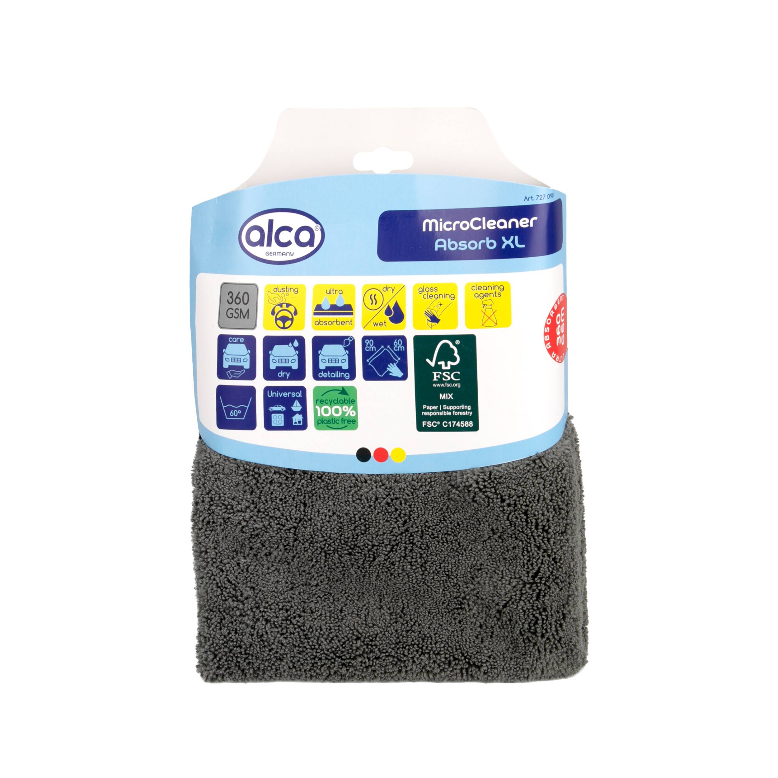 Alca microCleaner 'Absorb XL' Autowaschtuch oder -lappen, verpackt in durchsichtiger Folie mit Produktmerkmal-Symbolen auf dem Etikett.