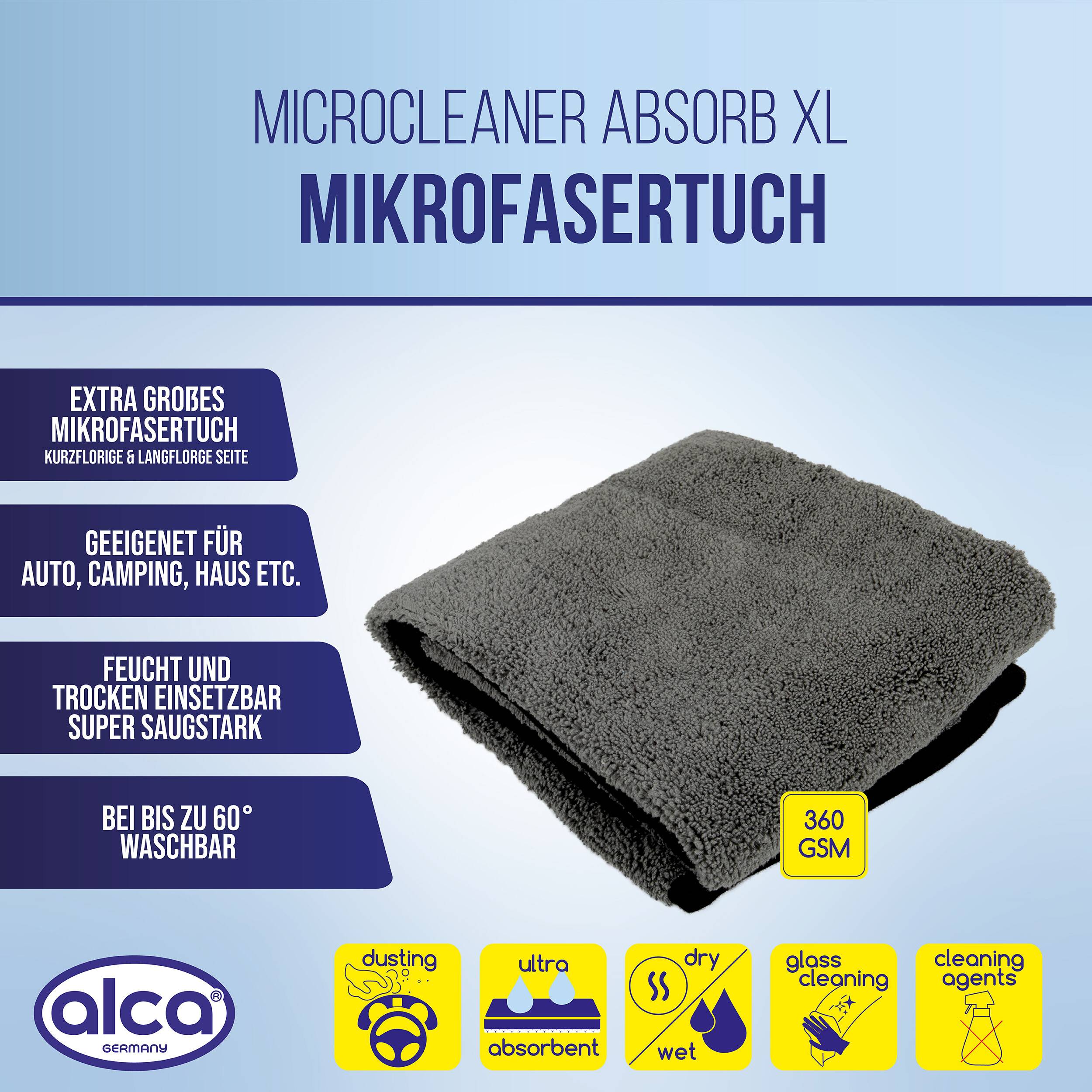 Werbegrafik für 'Microcleaner Absorb XL' Microfasertuch, zeigt ein graues Handtuch und Funktionen: extra groß, lange und kurze Flortextur, geeignet für Auto, Camping und Zuhause, hochabsorbierend, waschbar bis 60°C, 360 GSM.