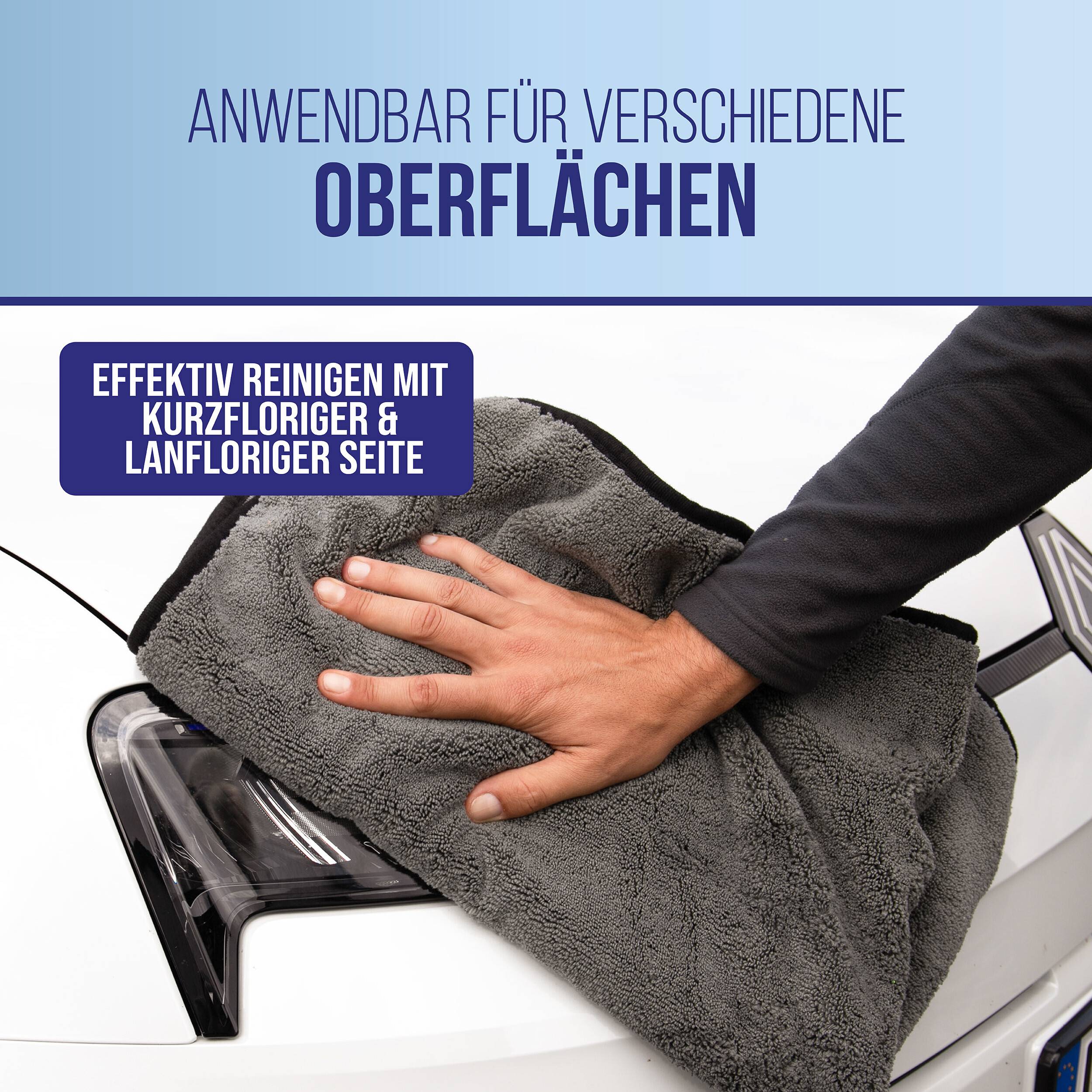 Person, die ein Auto mit einem Mikrofasertuch reinigt; Text besagt, dass es für verschiedene Oberflächen geeignet ist und mit kurz- und langflorigen Seiten wirksam ist.