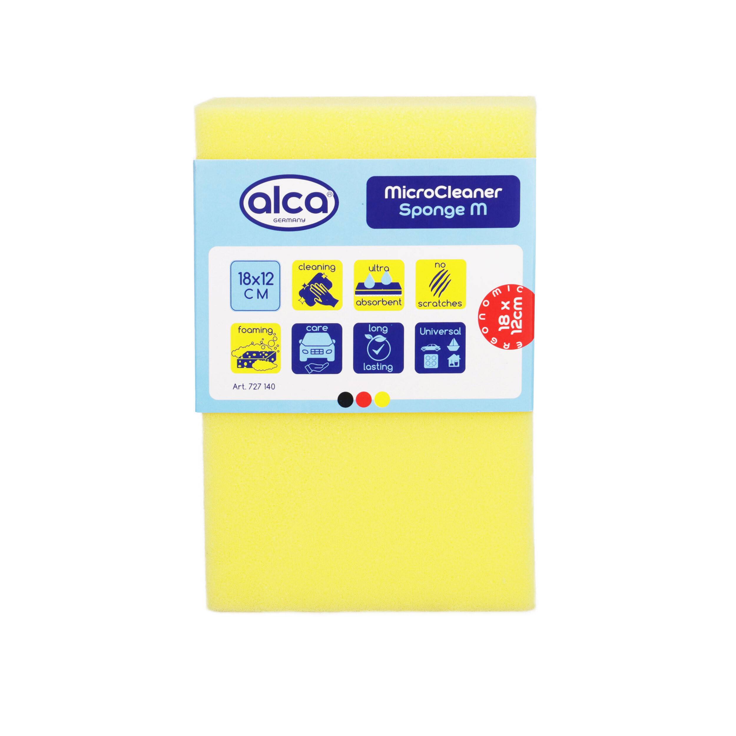 Gelber Alca 'microCleaner Sponge M' Schwammpaket mit Etikett 18x12 cm, mit Symbolen für Reinigung, saugfähig, kratzerlos, schäumend und langlebig.
