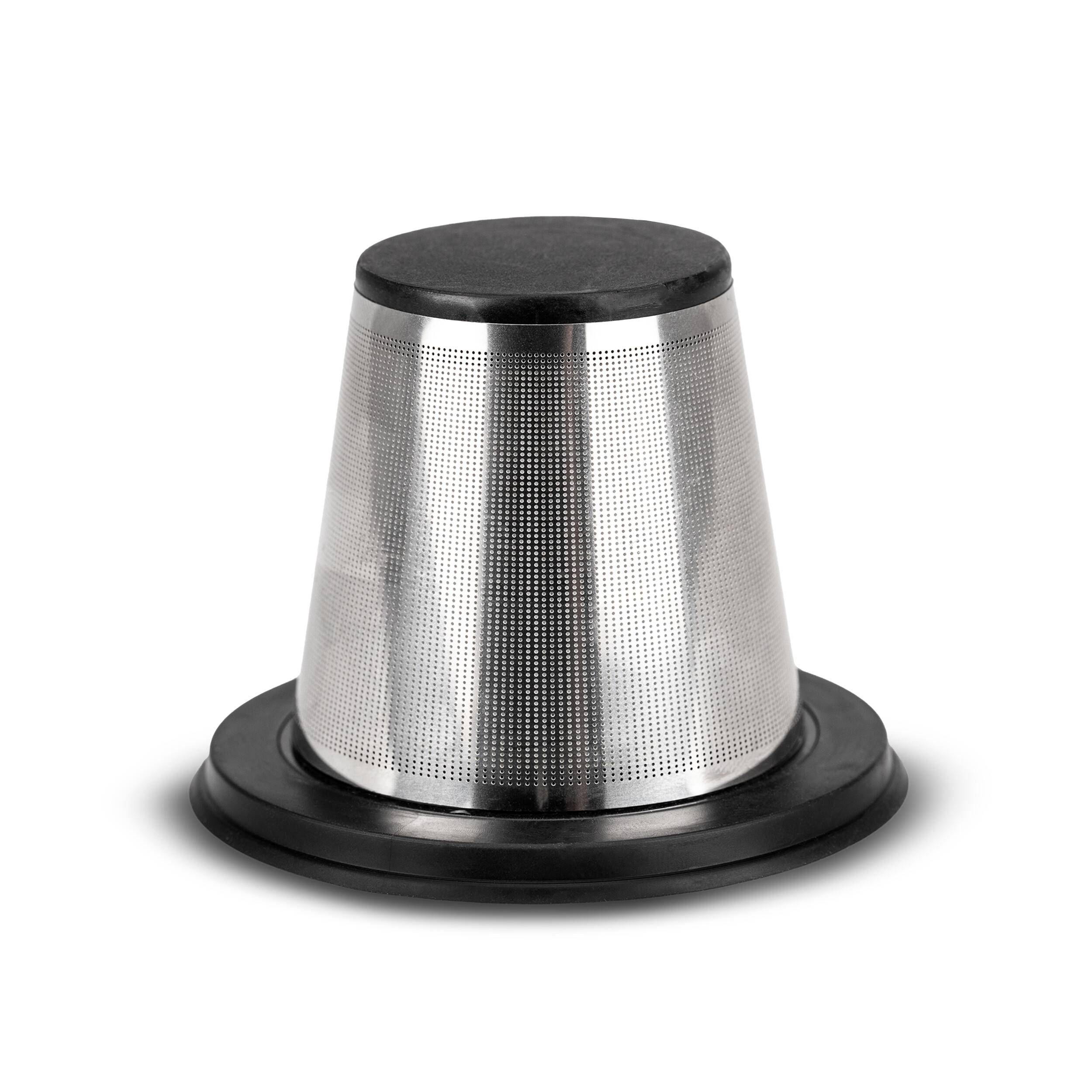 Edelstahlsieb-Teefilter mit schwarzem Deckel und Sockel auf weißem Hintergrund.