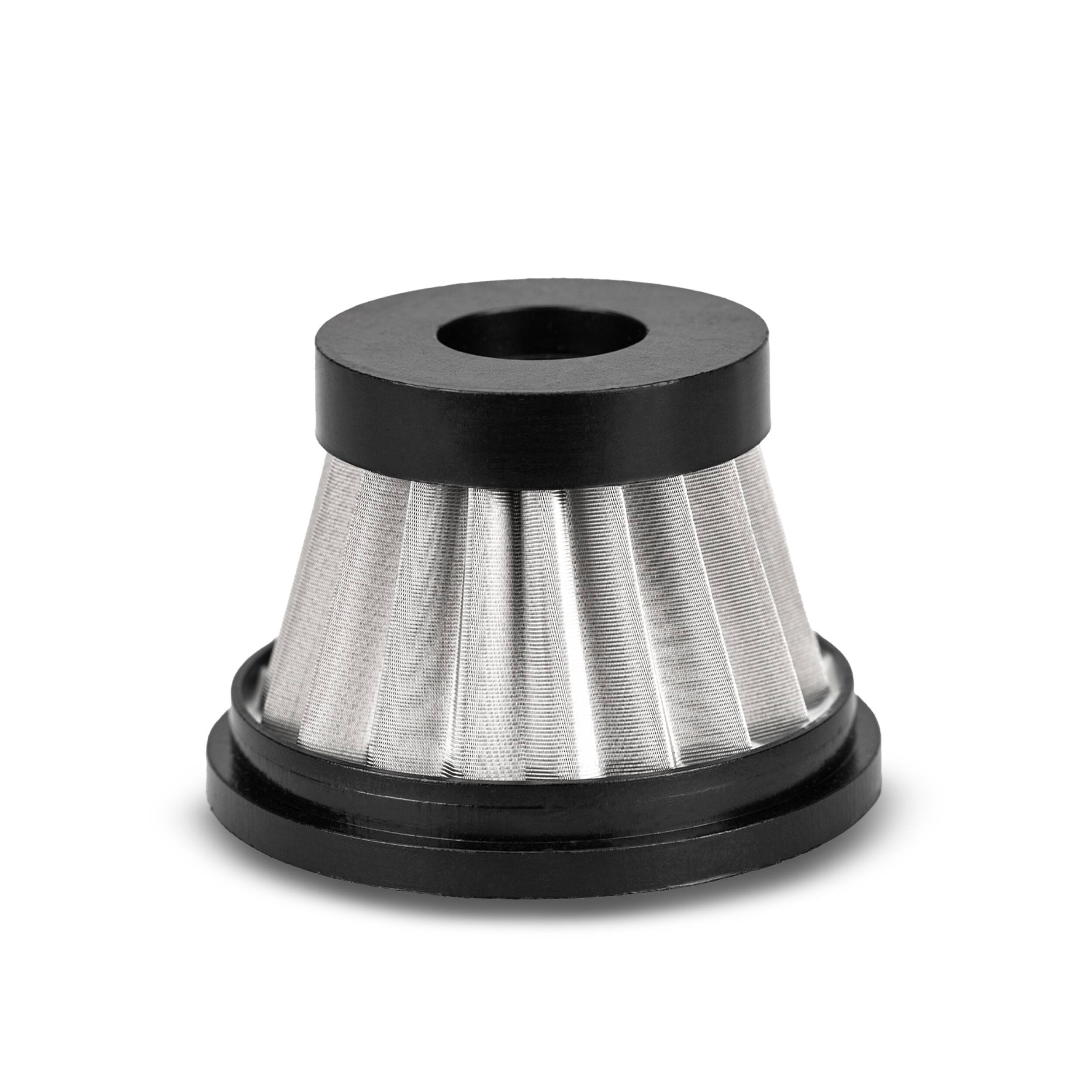 Kegelförmiger Metallnetz-Luftfilter mit schwarzem Gummioberteile und Unterseite auf weißem Hintergrund.