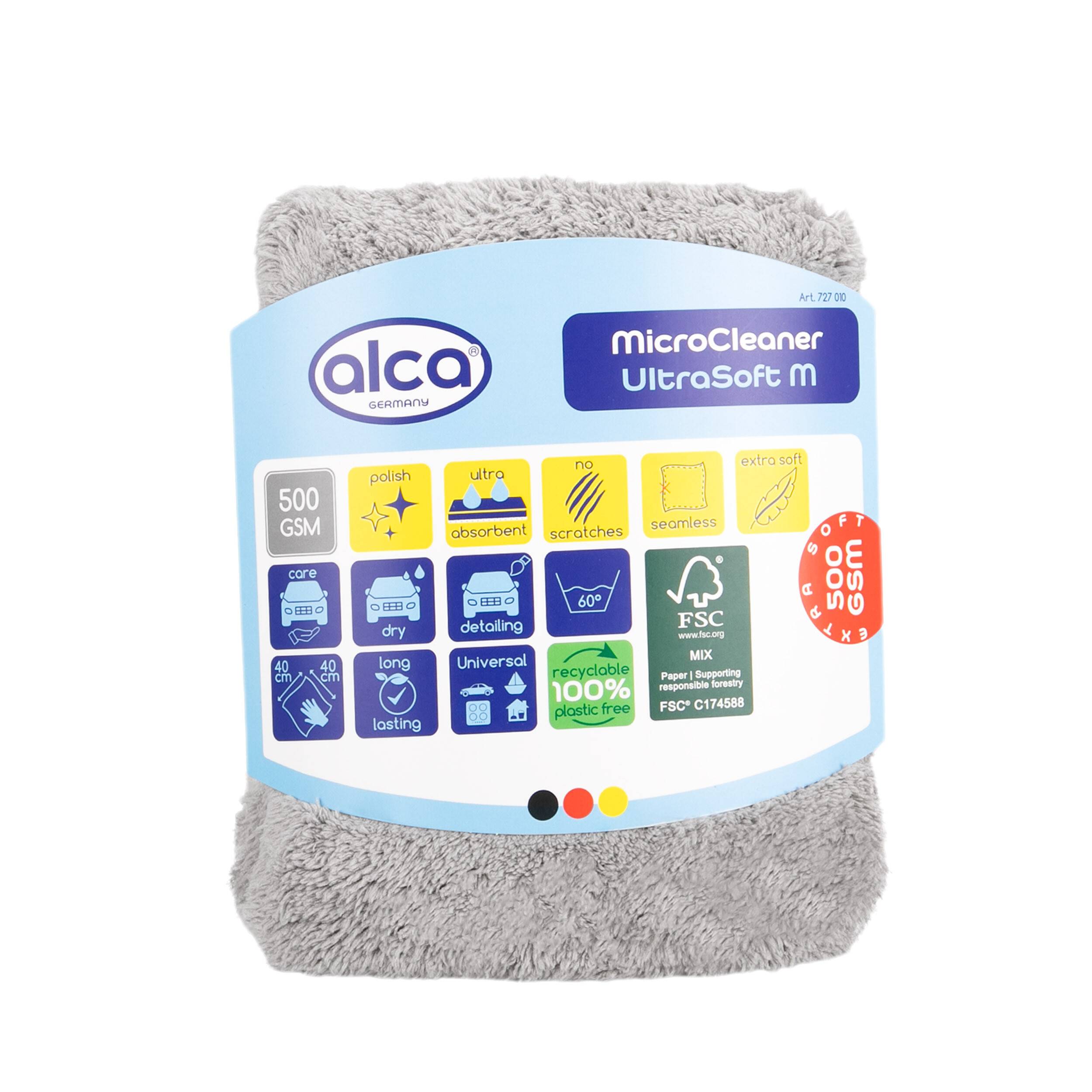 Verpacktes graues Mikrofaser-Reinigungstuch mit der Bezeichnung „alca MicroCleaner UltraSoft M