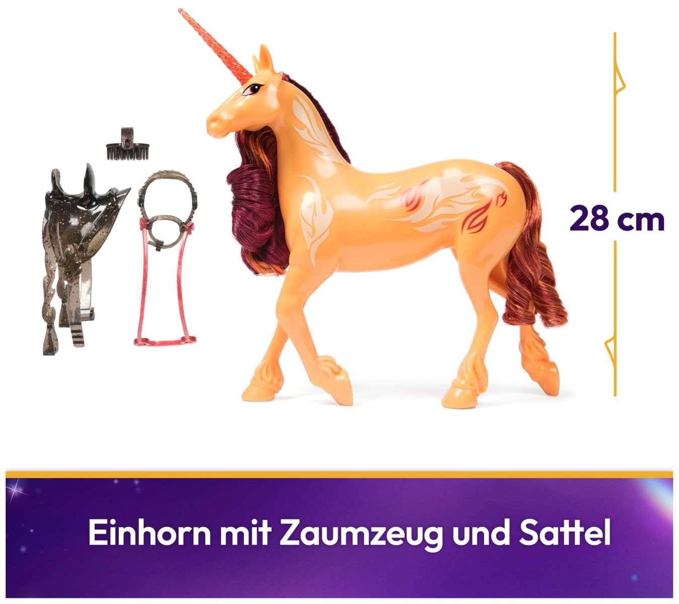 Spielzeugeinhornfigur mit Zaumzeug und Sattel, dargestellt mit einer Höhe von 28 cm; der Text lautet „Einhorn mit Zaumzeug und Sattel