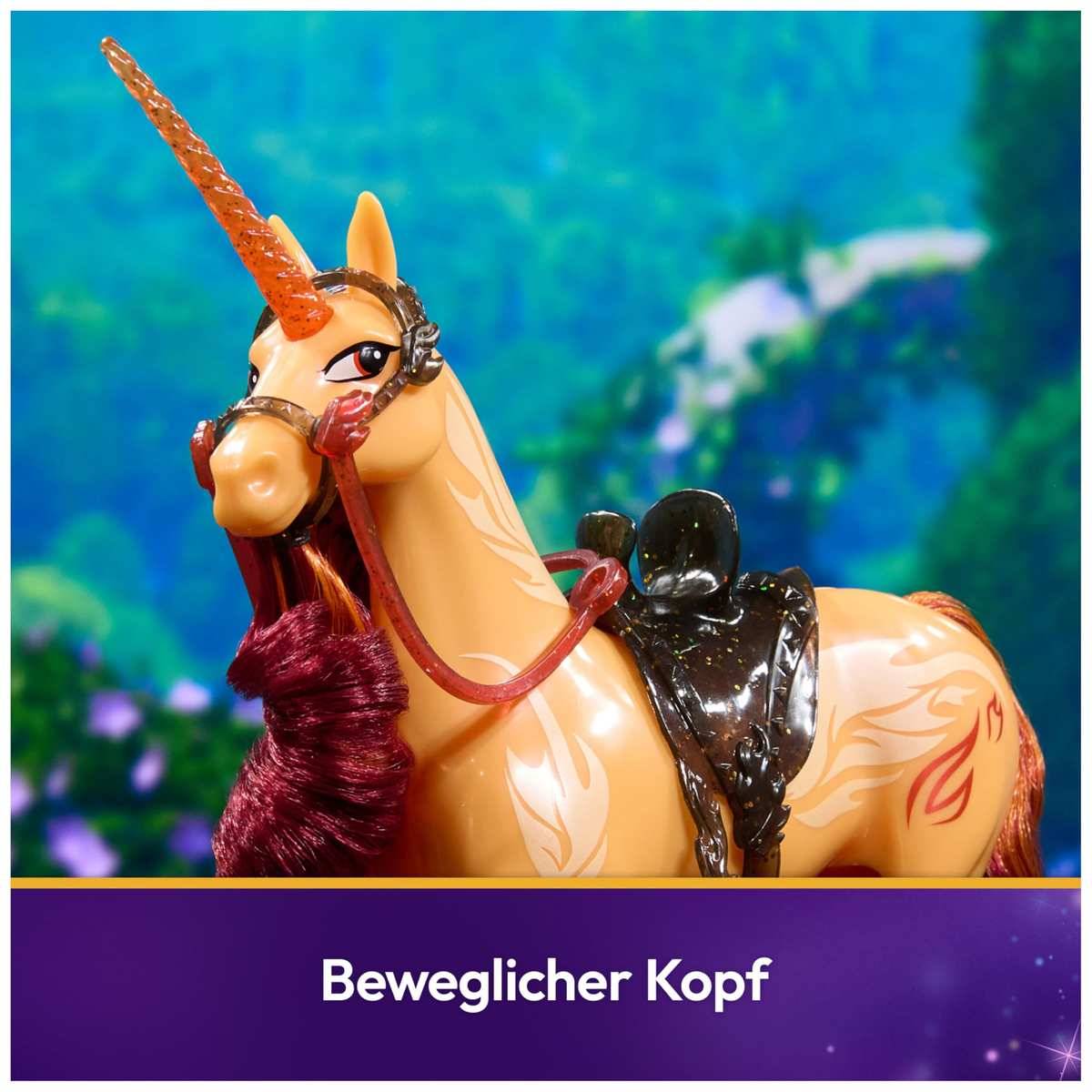 Spielzeugeinhornfigur mit beweglichem Kopf, gezeigt mit einem violetten Etikett, auf dem 