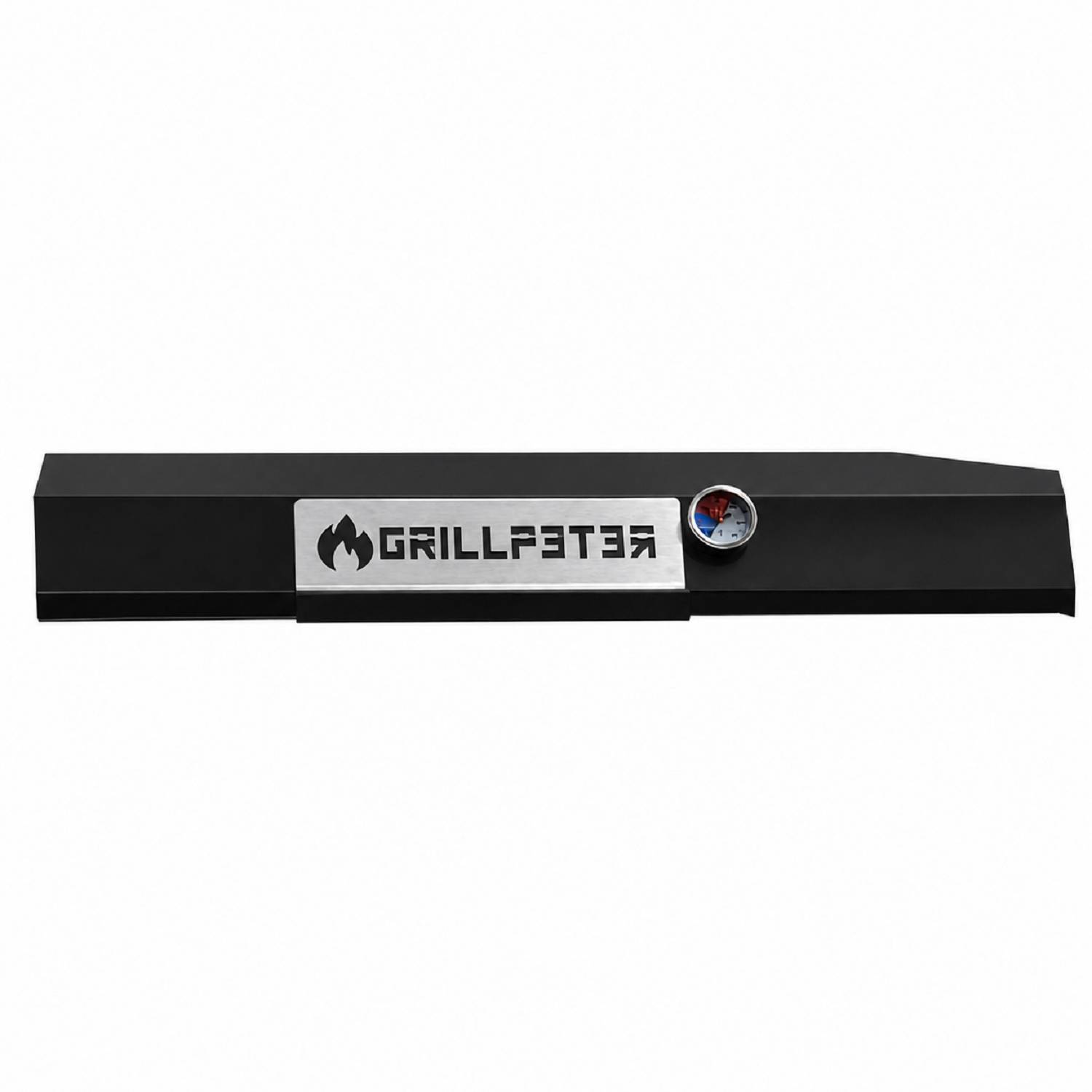 Rechteckiger schwarzer GrillGrate-Grillzubehör mit zentrierter Logoschild und kleinem rundem Thermometer auf der rechten Seite.