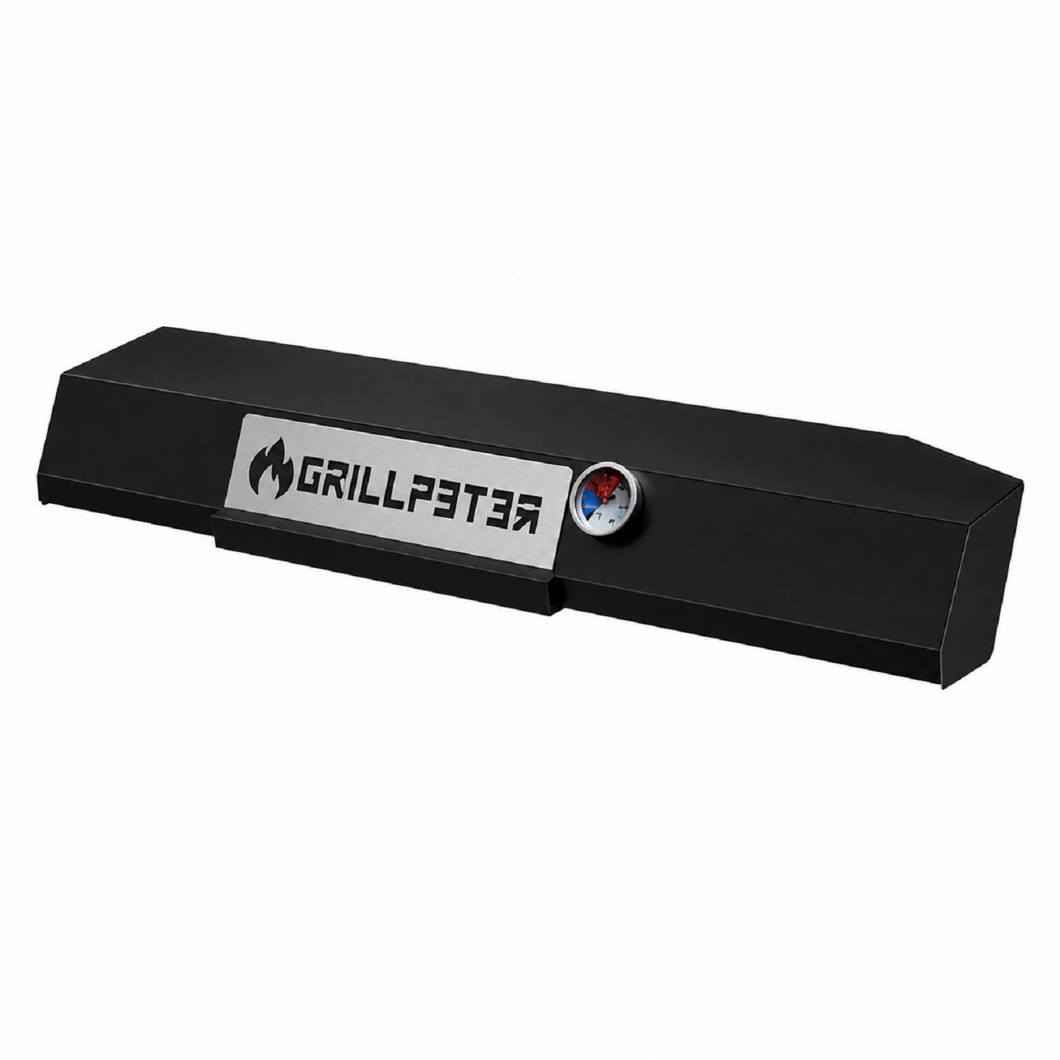 Schwarzer GrillPeter Box-Stil-Grillräuchergrill-Deckel mit Logo und rundem Thermometer auf weißem Hintergrund