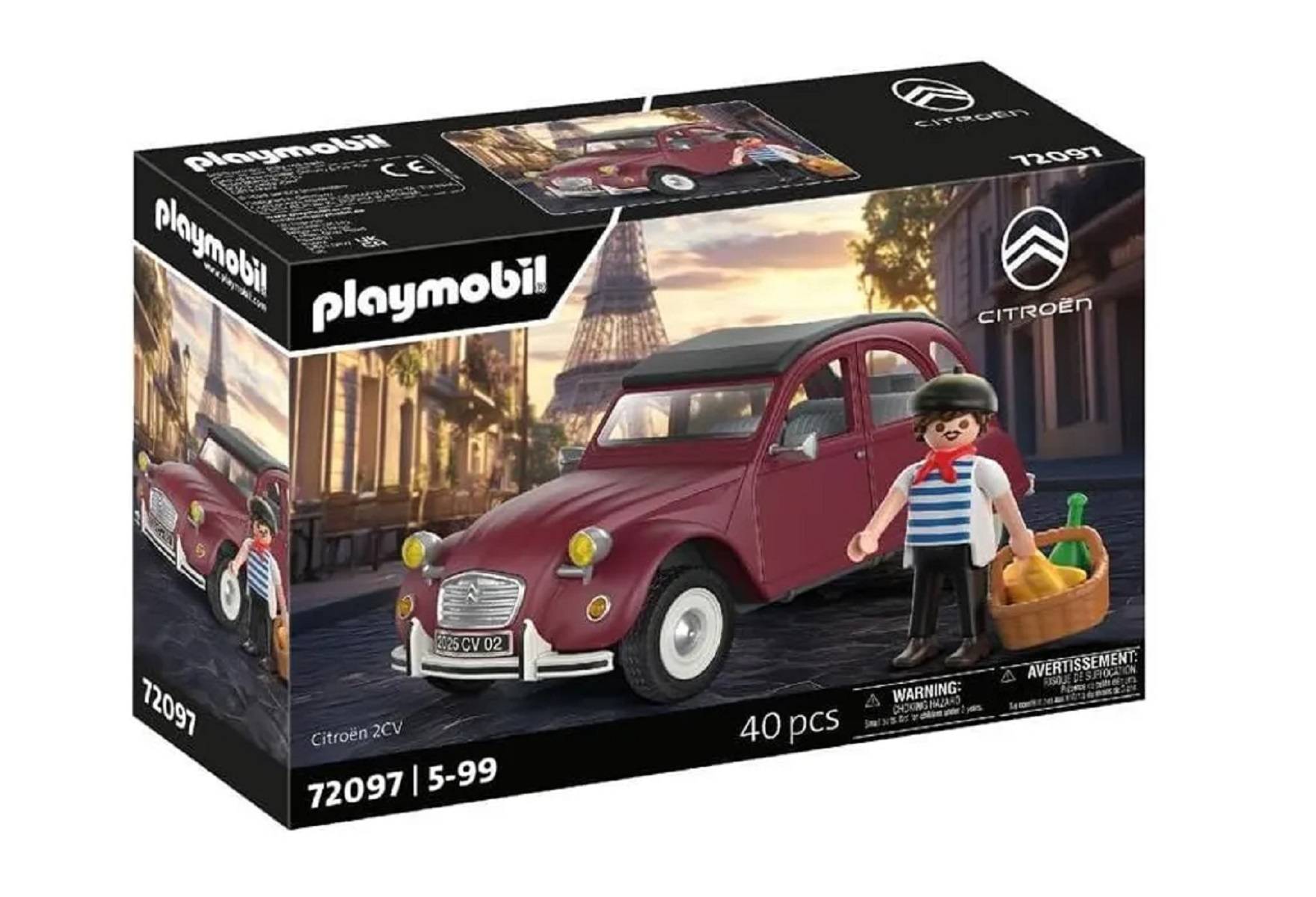 Playmobil Citroën 2CV Spielzeugset Karton mit einem kastanienbrauen klassischen Auto mit einer Figur und Picknickkorb, 40 Teile.