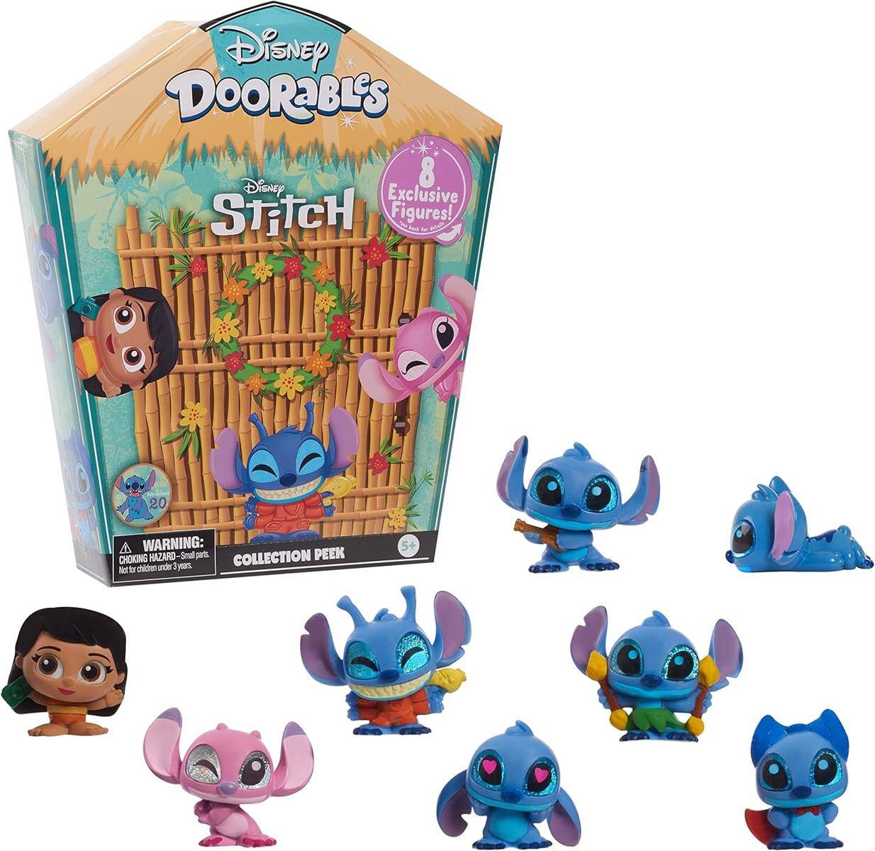 Disney Doorables Stitch-Kollektion mit 8 exklusiven Figuren, dargestellt mit Karton und mehreren kleinen Stitch-Charakteren in verschiedenen Posen und Farben.