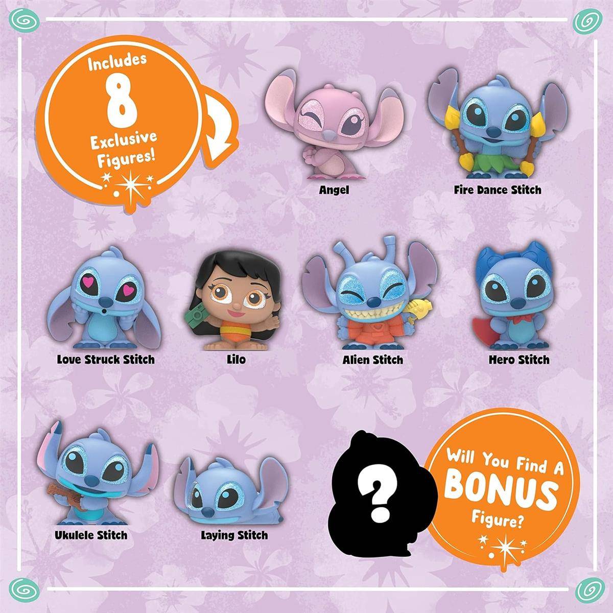 Werbebild mit 8 exklusiven Figuren aus Lilo & Stitch, darunter Angel, Lilo, Feuer-Tanz-Stitch, verliebter Stitch, Alien-Stitch, Held-Stitch, Ukulele-Stitch und liegender Stitch, sowie eine verborgene Bonusfigur als Silhouette.