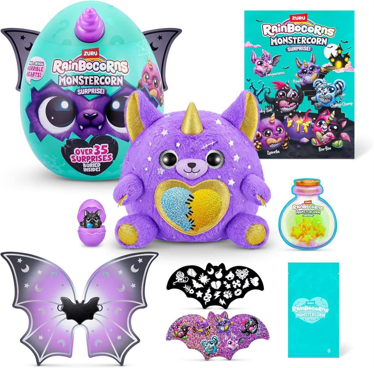 Zuru Rainbocorns Monstercorn Überraschungs-Spielzeugset mit lila Einhorn-Monster-Plüsch, Eiverpackung, Mystery Bag, Flaschenaccessoire und thematischen Flügeln/Stickern.