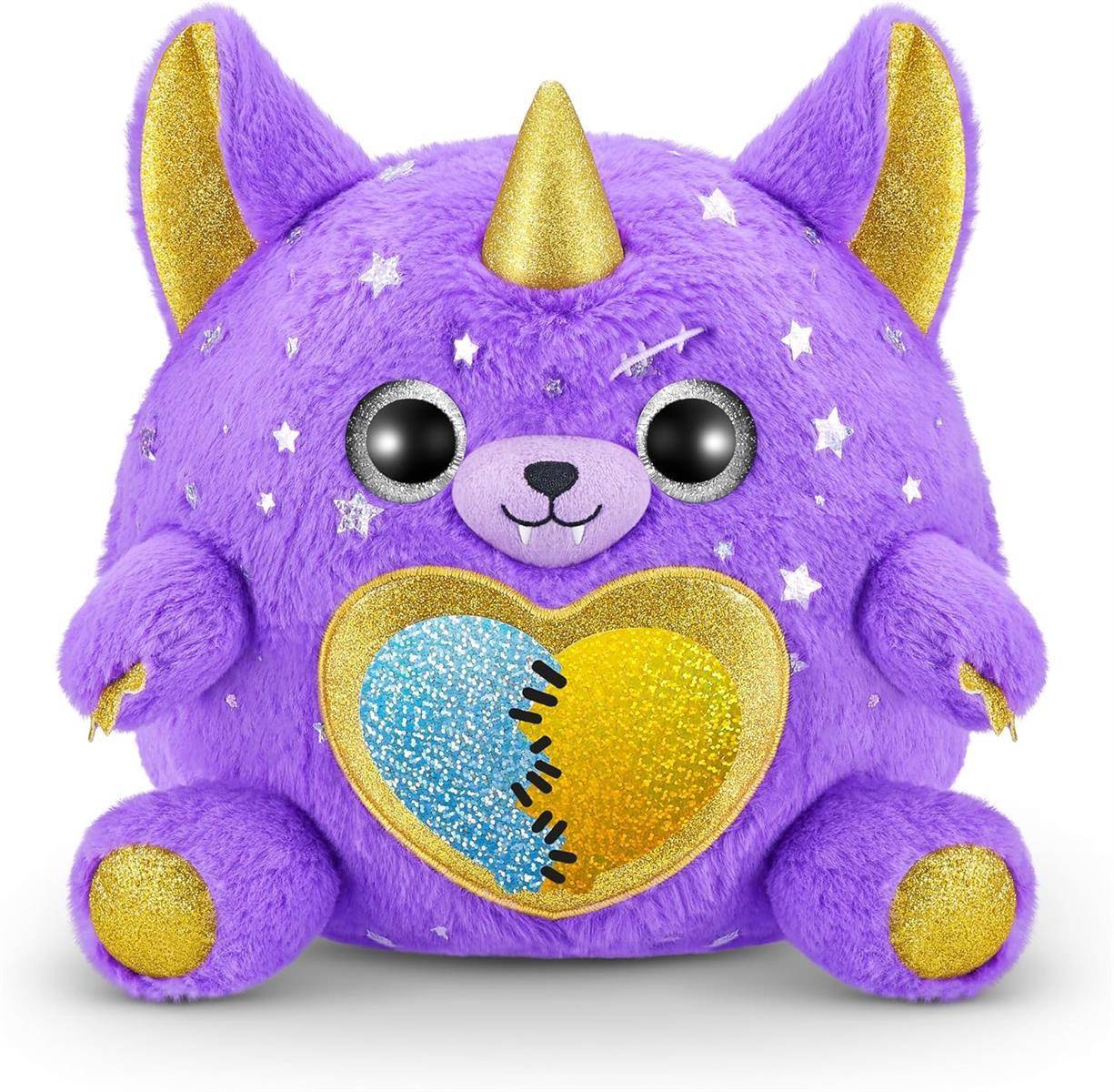 Violettes Plüsch-Einhorn mit goldenem Horn und Ohren, Sternenmuster und einem glitzernden gestickten Herz auf dem Bauch