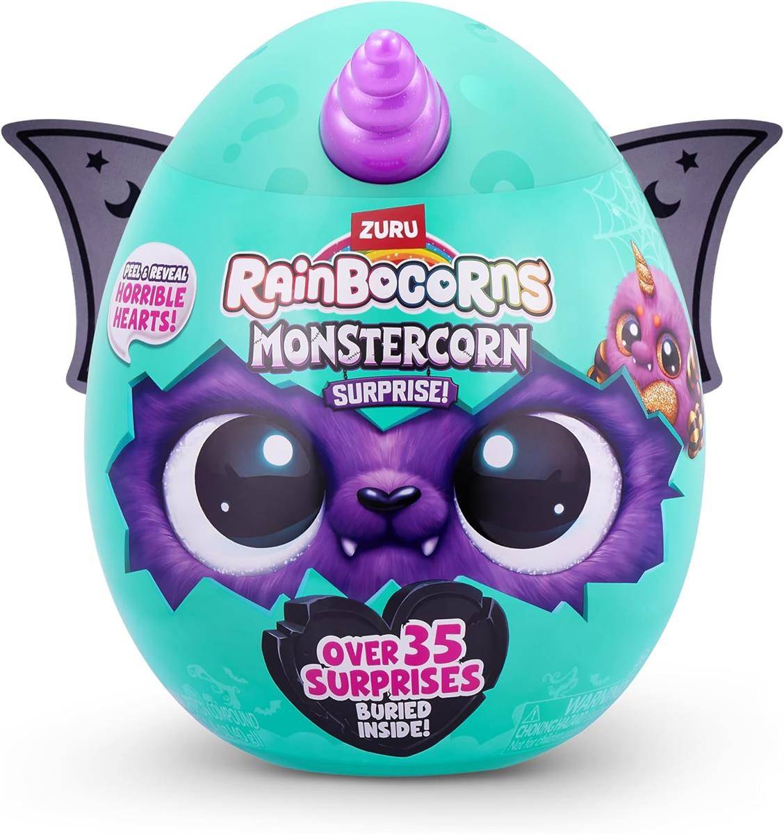 Türkis farbenes Zuru Rainbocorns Monstercorn Überraschungs-Spielzeug-Ei-Paket mit lila Einhornhorn, Monstergesicht und Text 