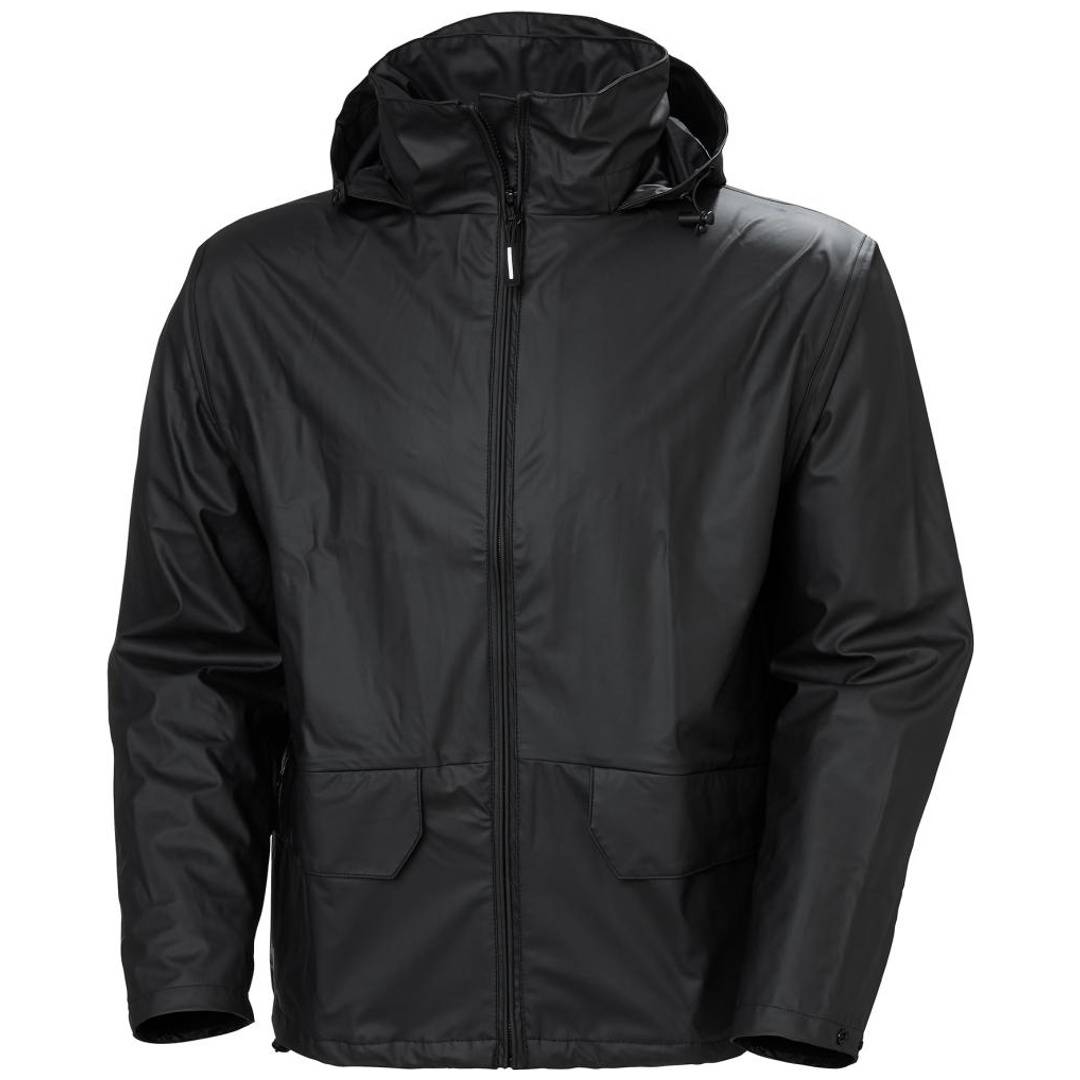 Schwarze Kapuzenjacke mit Reißverschluss, langen Ärmeln und zwei vorderen Taschen, Vorderansicht auf neutralem Hintergrund.
