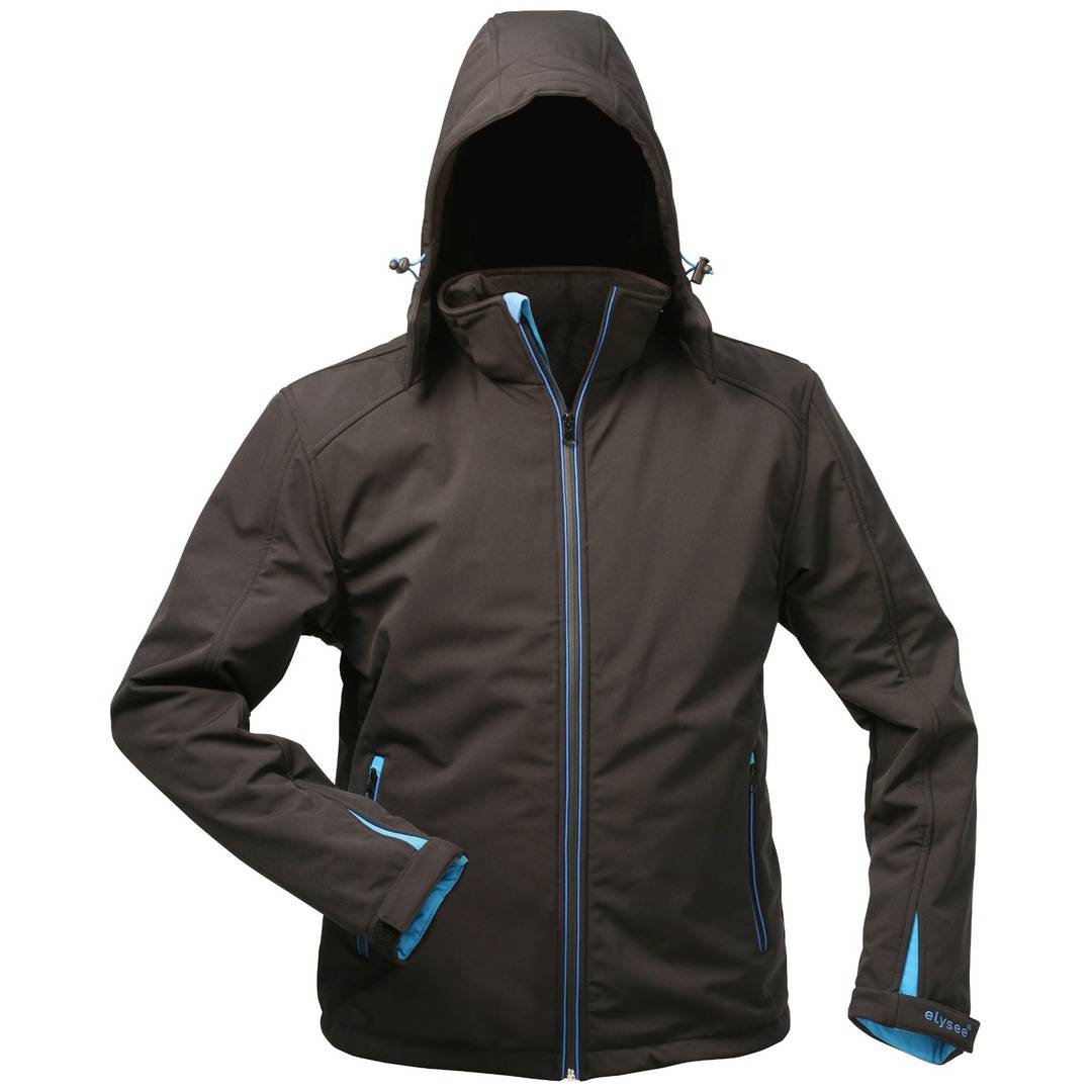 Schwarze Kapuzenjacke mit Reißverschluss, blauen Besätzen und Reißverschlusstaschen, in Vorderansicht auf weißem Hintergrund dargestellt.