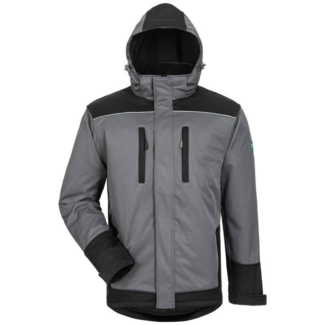 Grauer und schwarzer Kapuzen-Outdoor-Jacke mit Frontreißverschluss, Brusttaschen und Kontrastpanelen, auf einfachem weißem Hintergrund gezeigt.