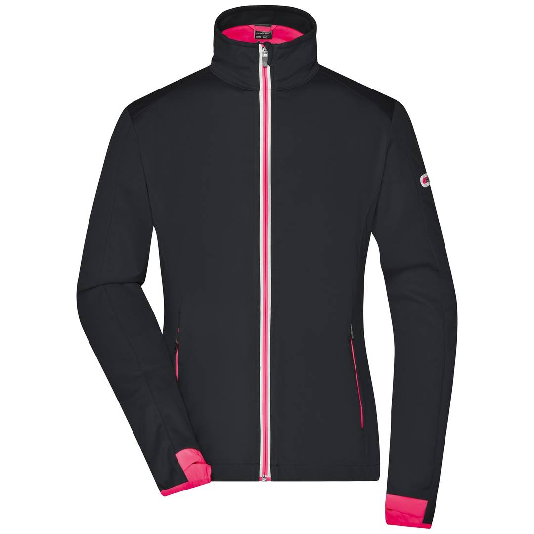 Schwarze Reißverschlussjacke mit hohem Kragen und neonpinkem Futter, Bündchen und Tascheneinfassungen, Vorderansicht auf weißem Hintergrund.
