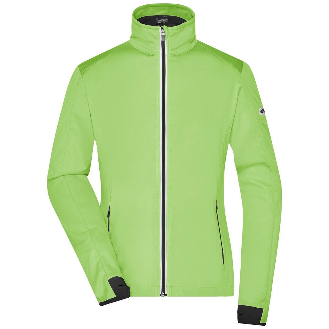 Limegrüne Reißverschluss-Jacke mit hohem Kragen, langen Ärmeln, schwarzer Besatzung an Manschetten und Saum, Vorderansicht auf weißem Hintergrund dargestellt.