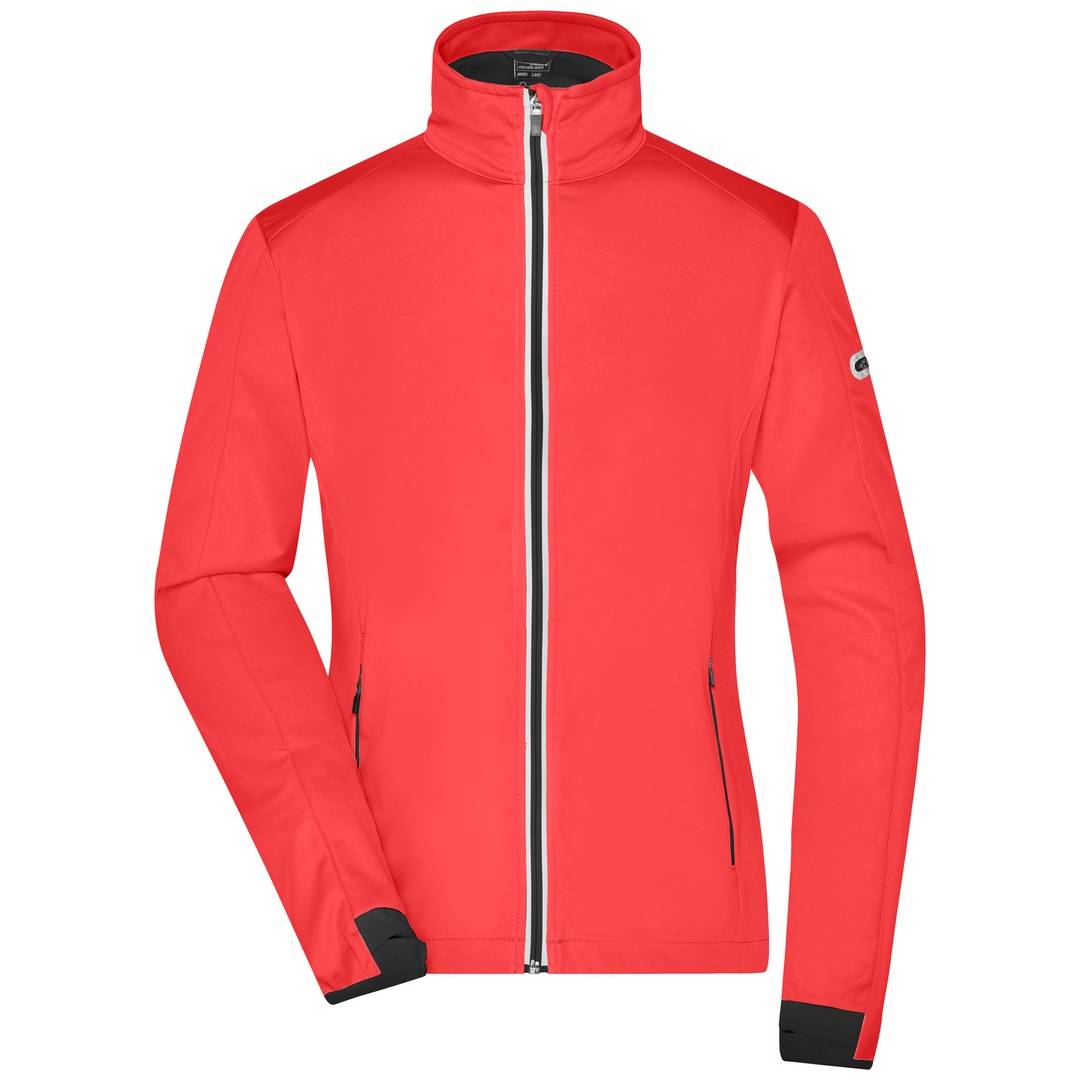 Rote Reißverschluss-Jacke mit hohem Kragen, schwarzer Reißverschluss-Verkleidung und Manschetten, Vorderansicht auf weißem Hintergrund.