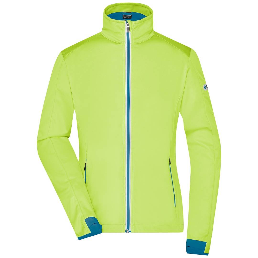 Hellgrüne Reißverschlussjacke mit hohem Kragen und blauem Besatz, in Vorderansicht auf einfachem weißem Hintergrund gezeigt.