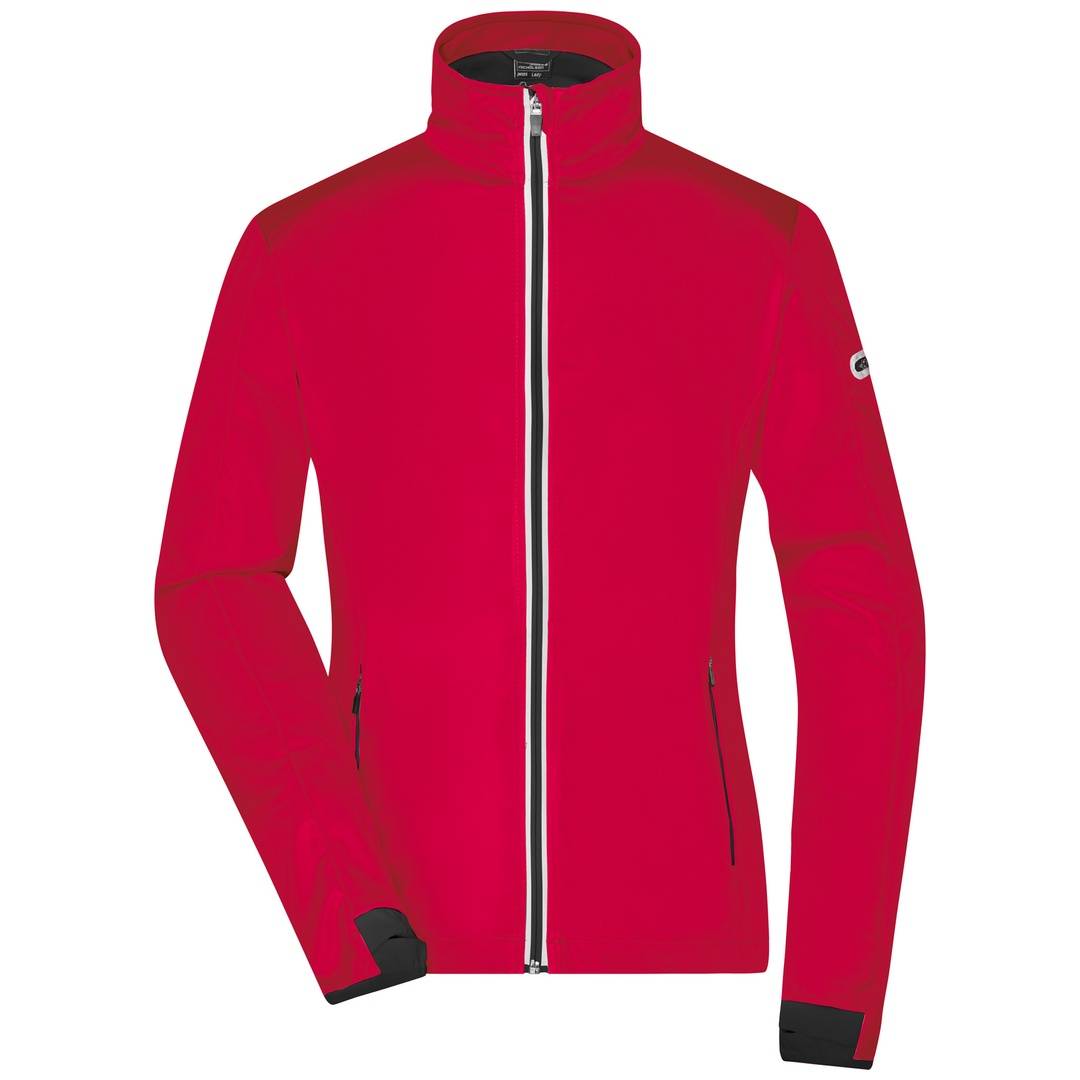 Rote Reißverschluss-Jacke mit hohem Kragen, schwarzer Besatz und Reißverschlusstaschen, Vorderansicht auf weißem Hintergrund.