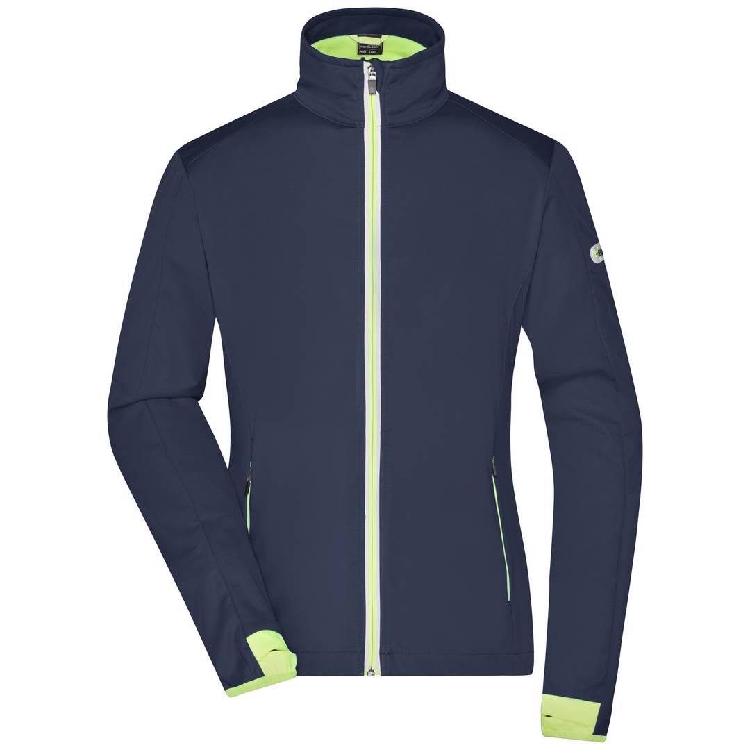 Marine Kapuzenjacke mit Reißverschluss, limettgrünen Besätzen und Reißverschlussdetails, Vorderansicht auf einfachem weißem Hintergrund.