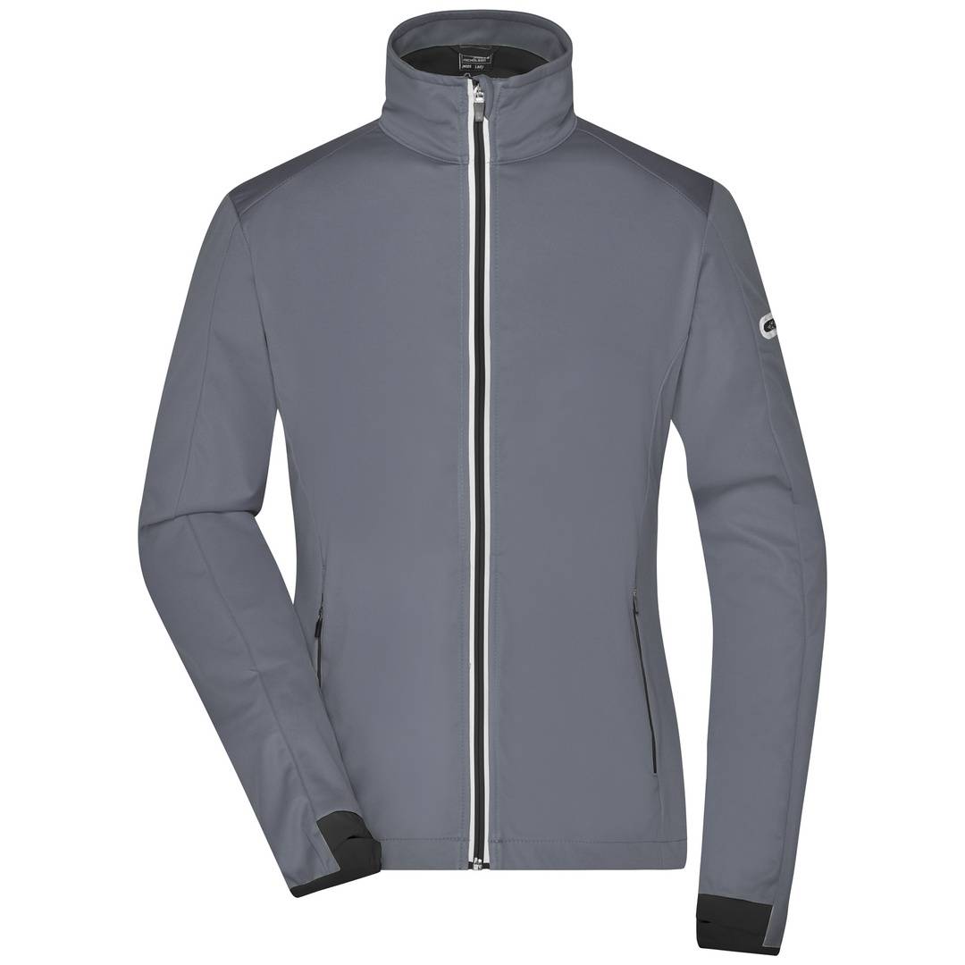 Graue Jacke mit Reißverschluss und Stehkragen, schwarze Blenden an Ärmelbündchen und Saum, Vorderansicht auf weißem Hintergrund.