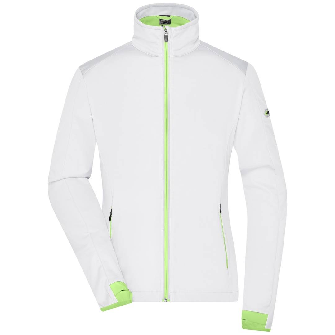 Weiße Reißverschlussjacke mit neongrünen Kanten und Akzenten, in Vorderansicht auf neutralem Hintergrund dargestellt.