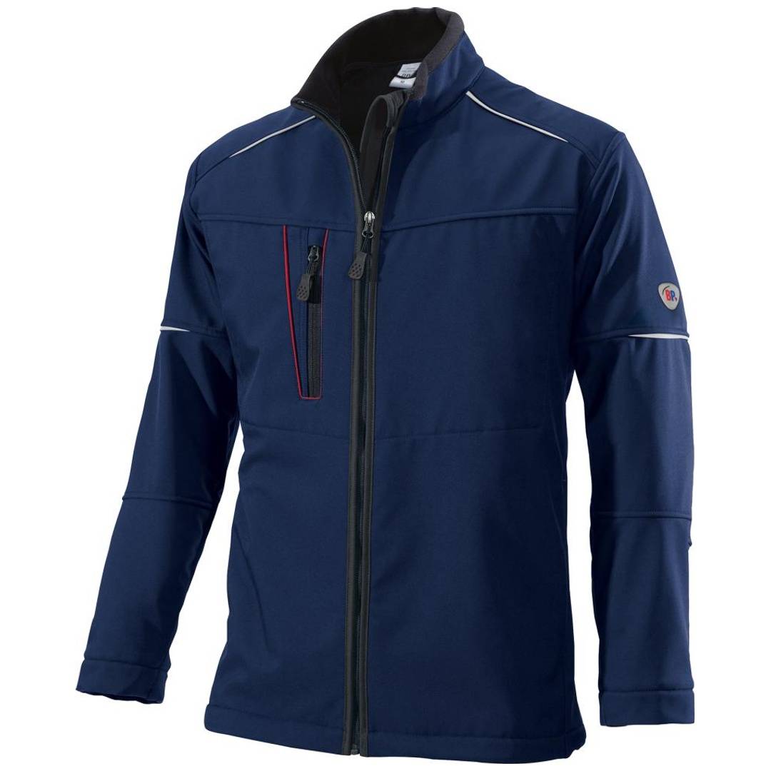 Dunkelblau Reißverschluss-Jacke mit hohem Kragen, langen Ärmeln und einer Brusttasche auf weißem Hintergrund.
