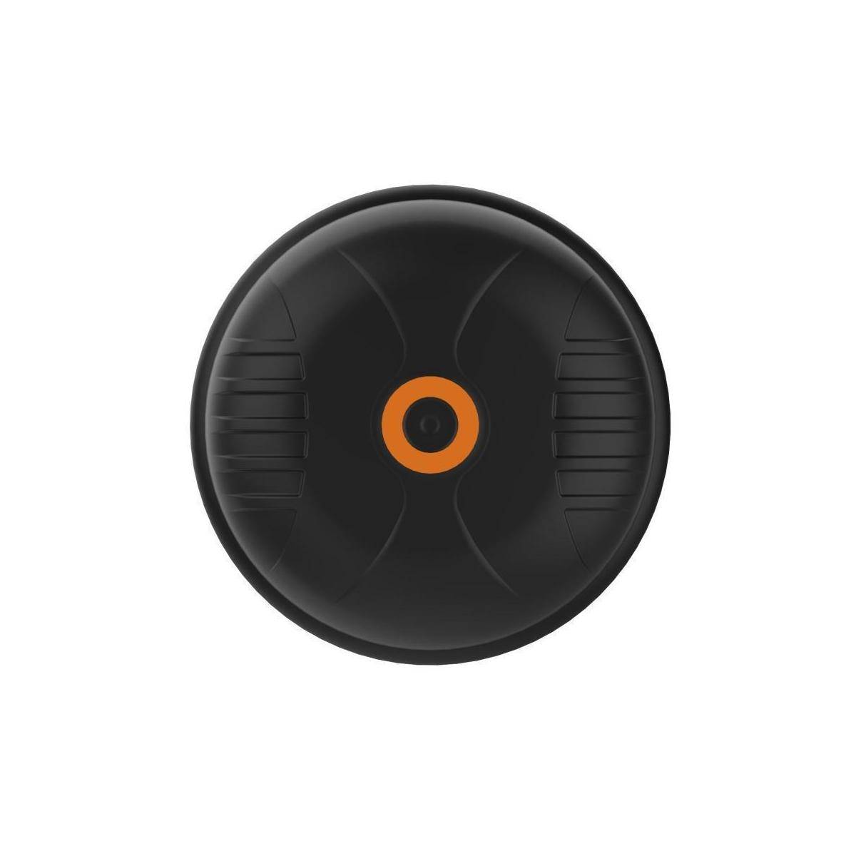 Schwarzes kreisförmiges Gerät mit orangefarbenem Mittelring, von vorne gegen weißen Hintergrund gezeigt.