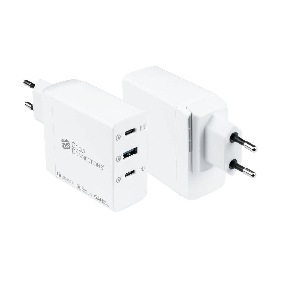 Weißes USB-Wandladegerät mit zwei Anschlüssen und drei USB-Anschlüssen (zwei USB-C-Anschlüsse und ein USB-A-Anschluss), dargestellt in einem produktstilisierten Bild auf weißem Hintergrund.
