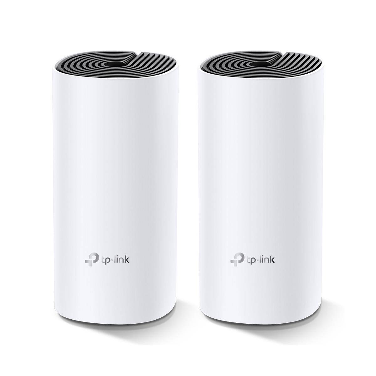 Zwei weiße zylindrische TP-Link-Mesh-Wi‑Fi-Geräte nebeneinander auf weißem Hintergrund.