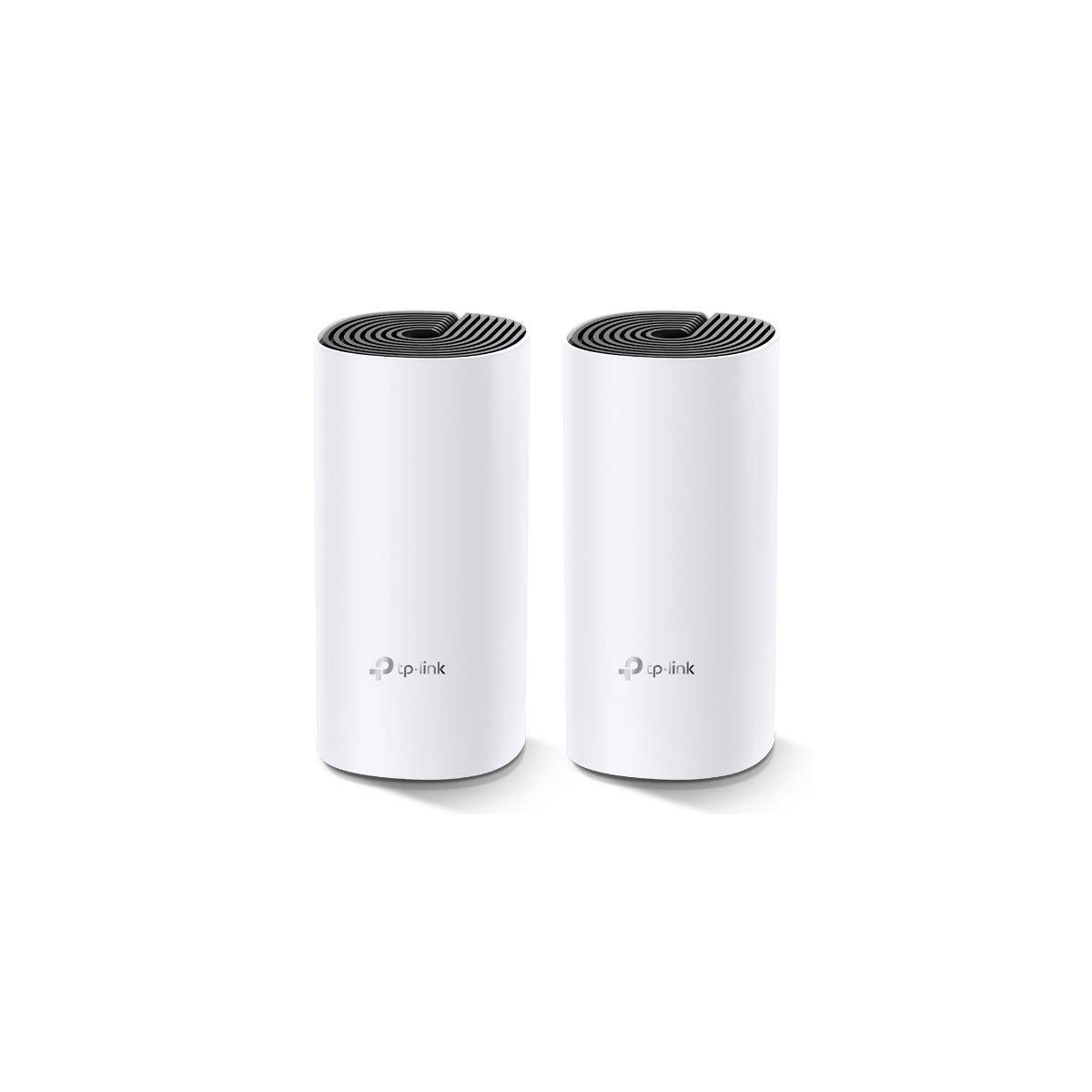Zwei weiße TP-Link zylindrische Wi-Fi-Mesh-Router-Geräte, nebeneinander auf einem einfachen Hintergrund gezeigt.