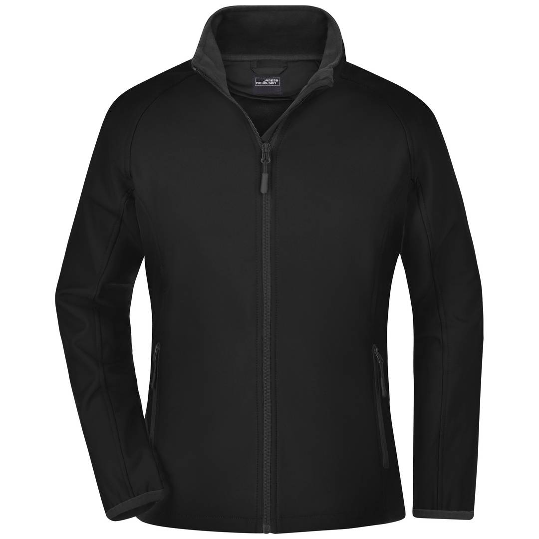 Schwarze Jacke mit durchgehendem Reißverschluss, Stehkragen und langen Ärmeln, Vorderansicht auf weißem Hintergrund dargestellt.