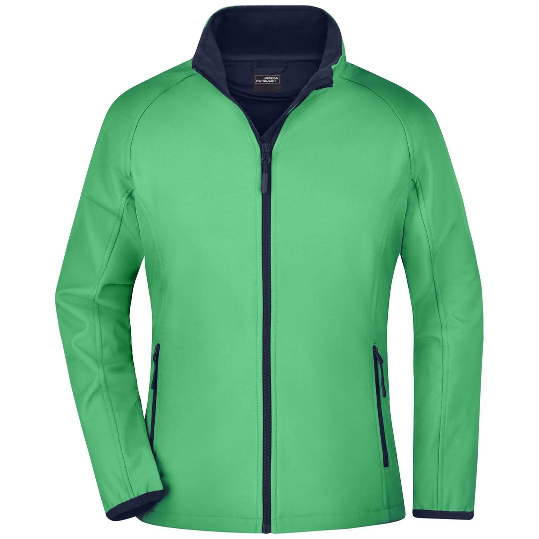 Grüne Jacke mit Reißverschluss und dunkelblauem Kragen, Bündchen und Seitentaschen-Reißverschlüssen, Vorderansicht auf einfarbigem Hintergrund.