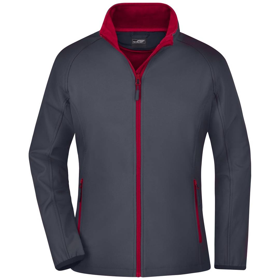 Dunkelgraue Reißverschlussjacke mit roter Krageninnenseite, Reißverschluss und Taschenelementen, Vorderansicht auf einfachem weißem Hintergrund.