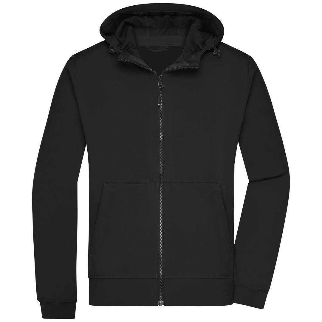 Schwarzer Kapuzenpullover mit Reißverschluss und vorderen Taschen, vor einem einfachen weißen Hintergrund dargestellt.