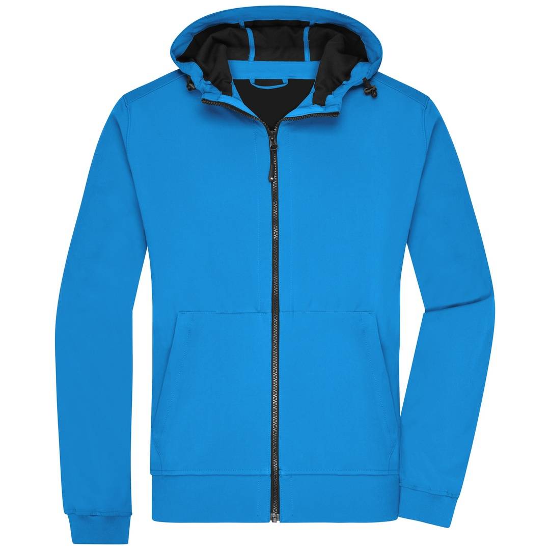 Blauer Reißverschluss-Kapuzenjacke mit schwarz gefütterter Kapuze und vorderen Taschen, gezeigt vor einem einfachen weißen Hintergrund.