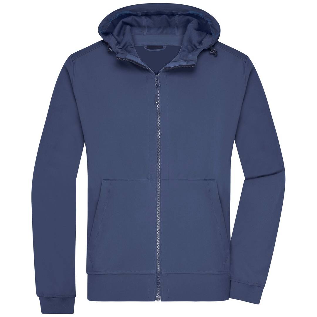 Marineblaue Reißverschluss-Kapuzenjacke mit langen Ärmeln und vorderen Taschen auf weißem Hintergrund.