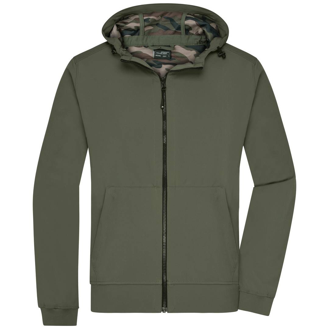 Olivgrüne Reißverschluss-Kapuzenjacke mit Tarnmuster-gefütterter Kapuze, Vordertaschen und langen Ärmeln auf einfachem Hintergrund.